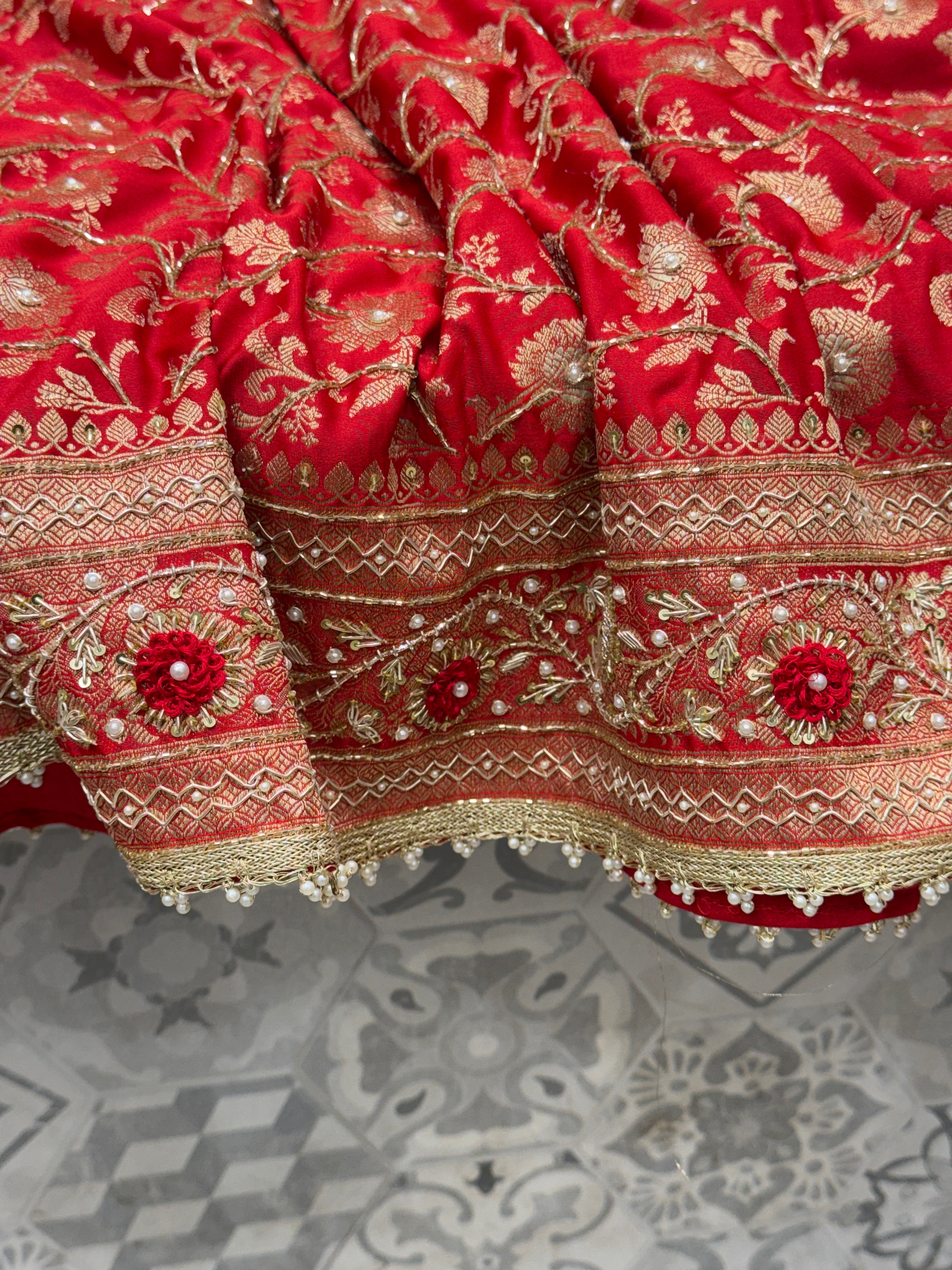 Red Banarasi Silk Small Jaal Heavy Zardozi Resham Saree