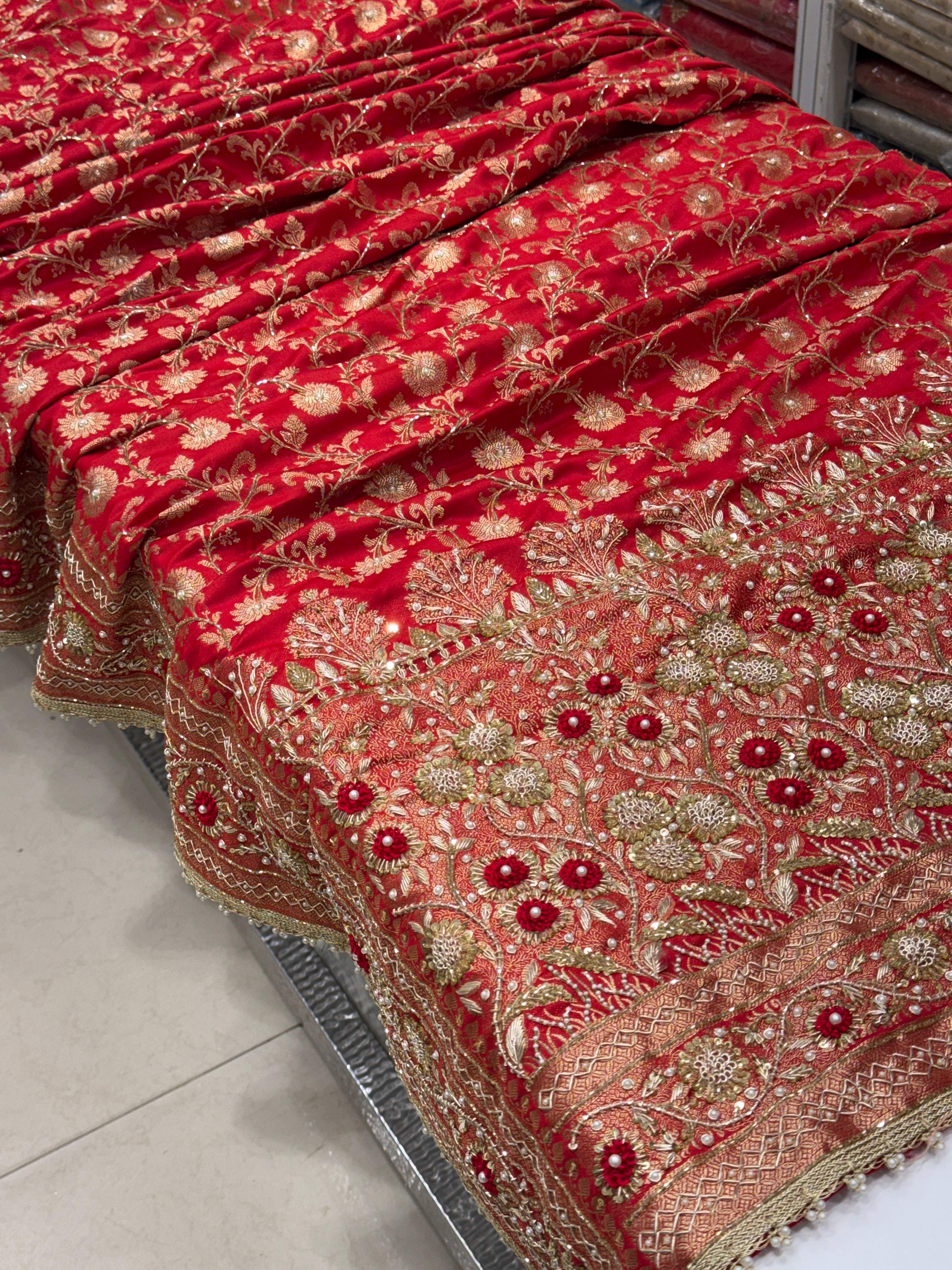 Red Banarasi Silk Small Jaal Heavy Zardozi Resham Saree