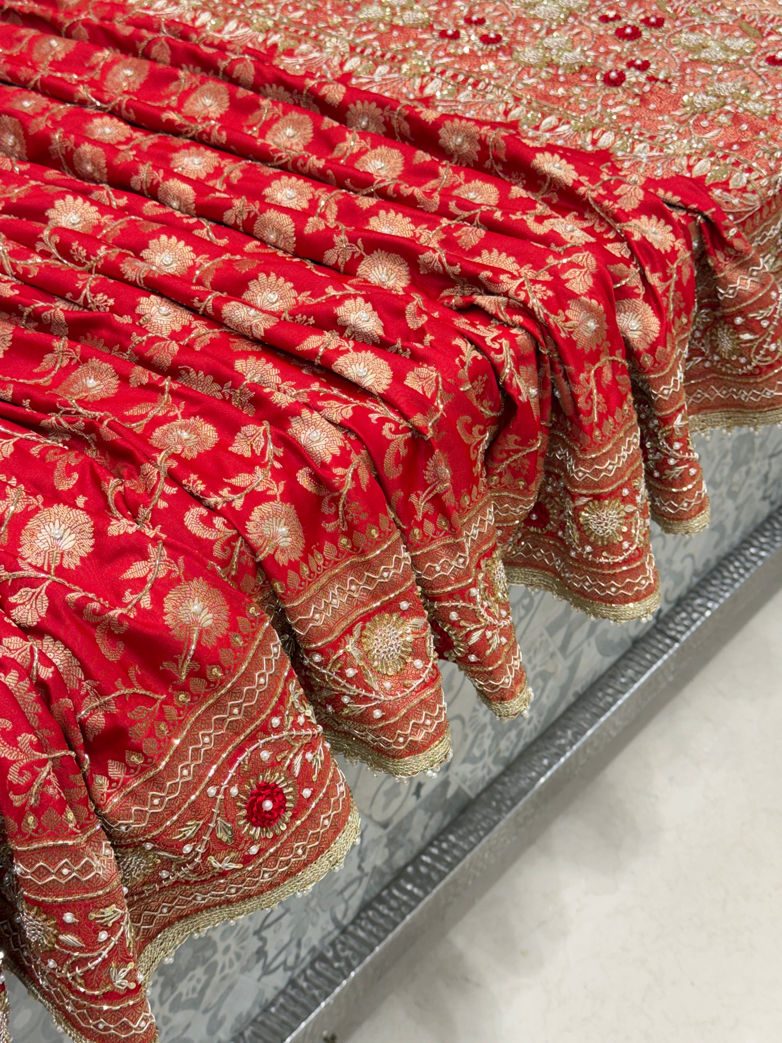 Red Banarasi Silk Small Jaal Heavy Zardozi Resham Saree