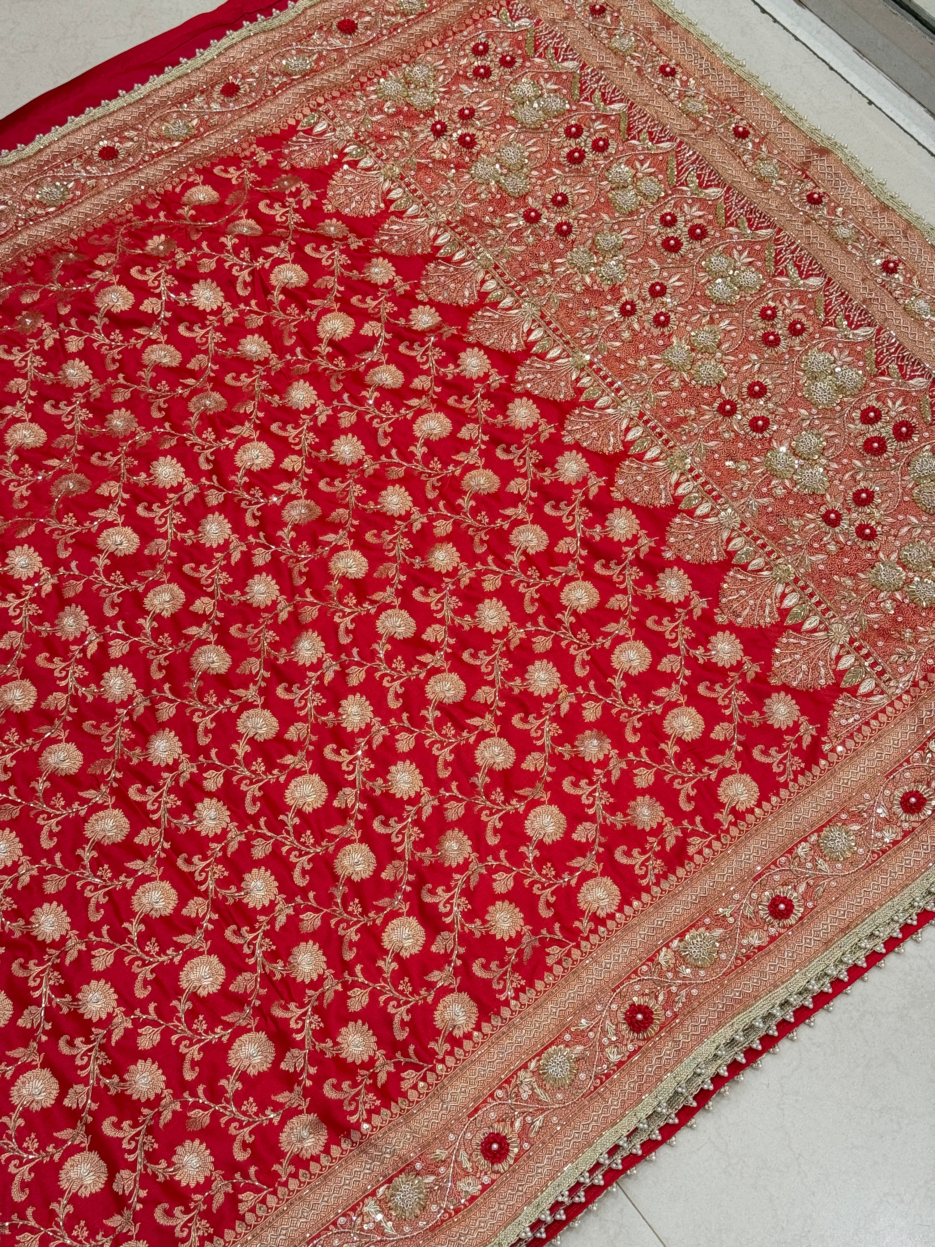 Red Banarasi Silk Small Jaal Heavy Zardozi Resham Saree