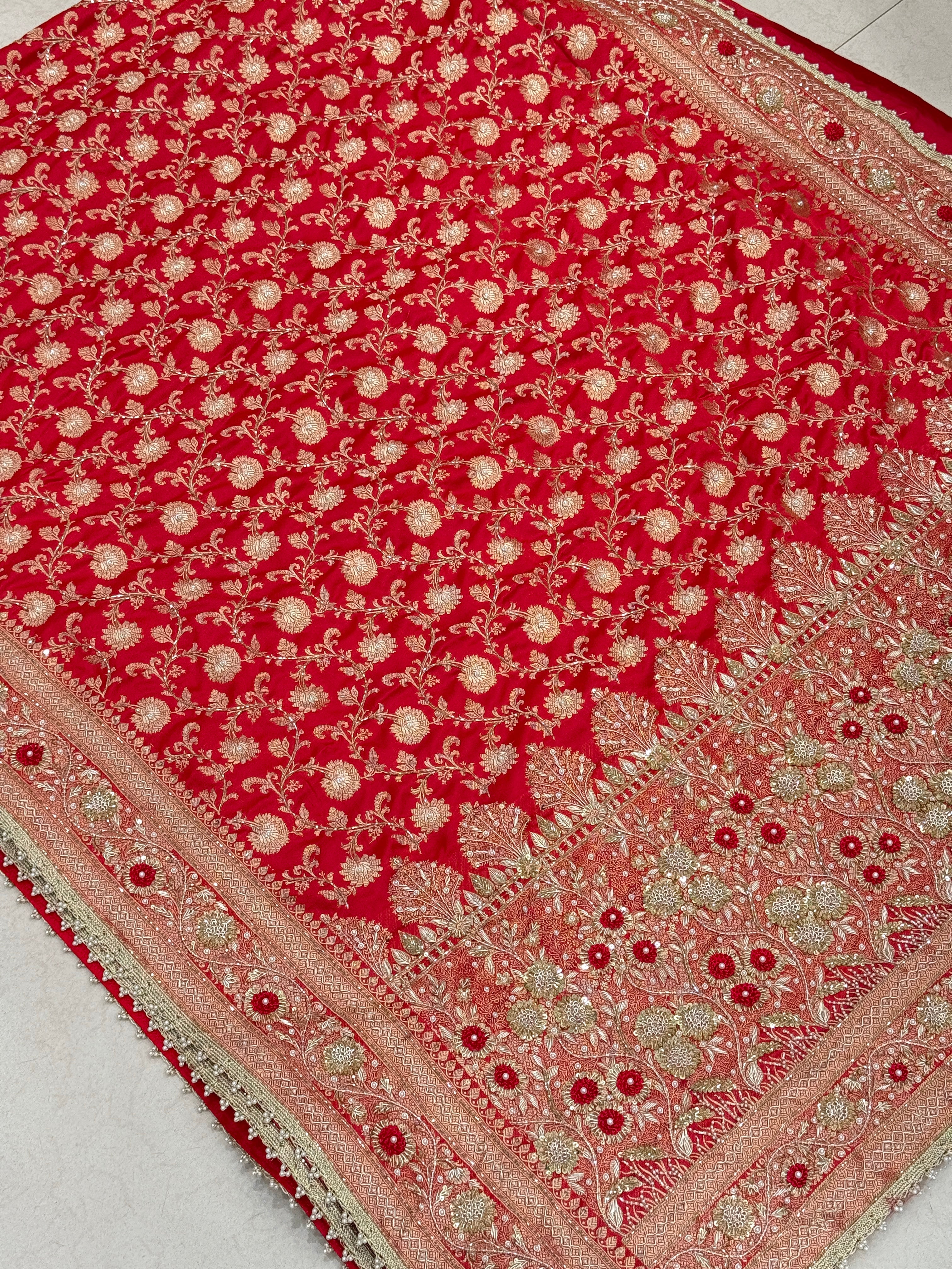 Red Banarasi Silk Small Jaal Heavy Zardozi Resham Saree
