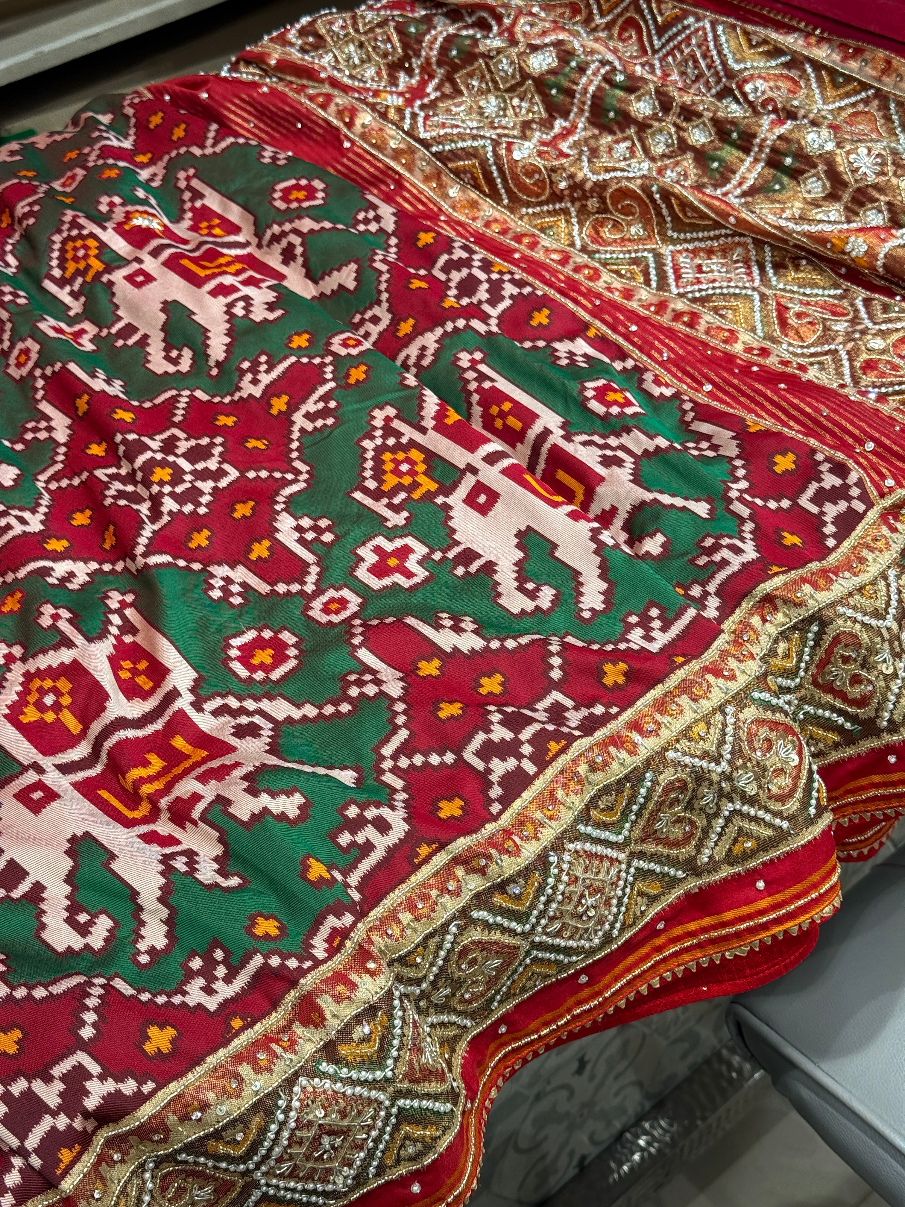 Maroon Green Big Elephant Hand Embroidery Saree