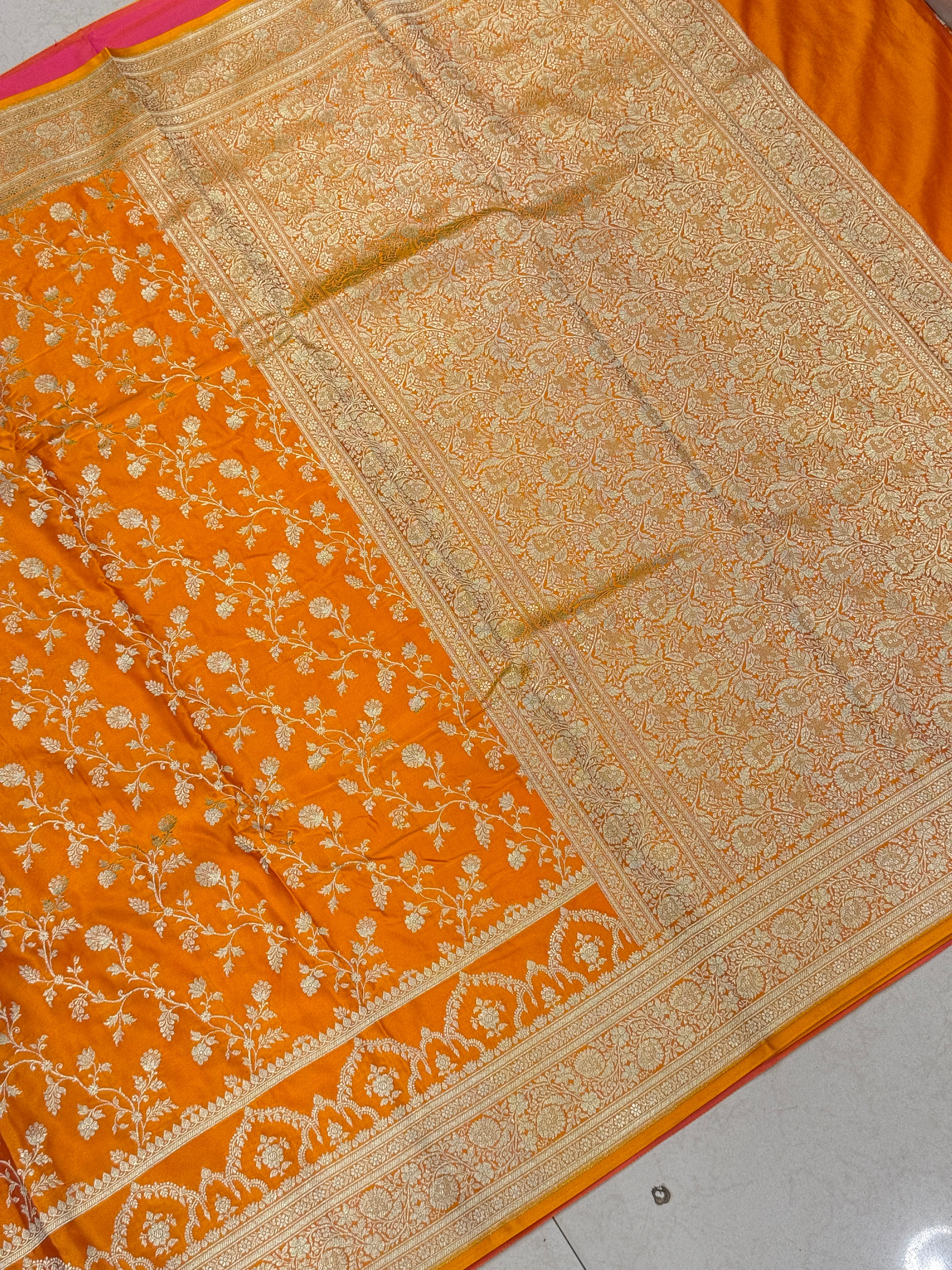 Mango Yellow Banarasi Silk Crown Border Saree
