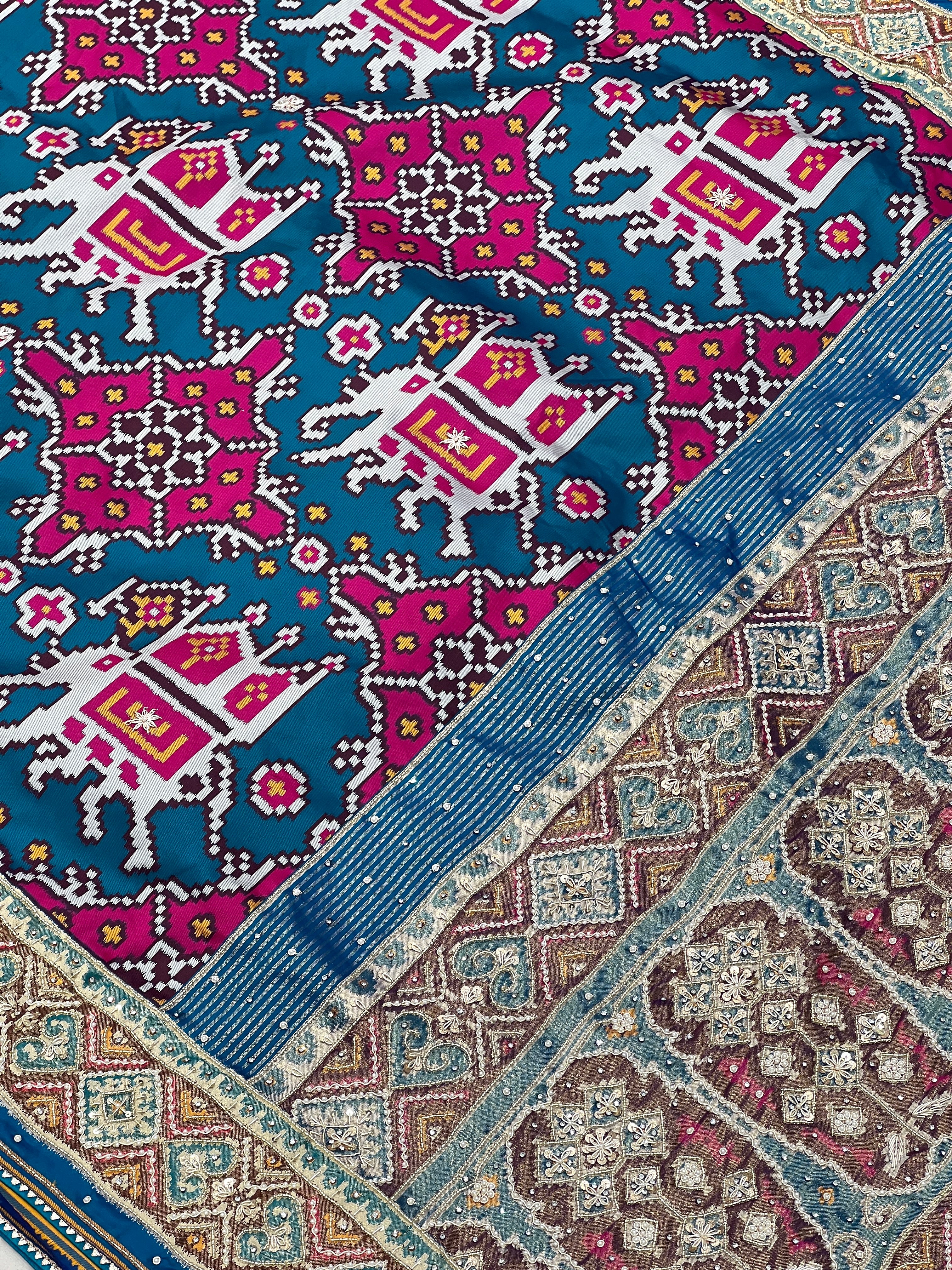 Blue Patola Big Elephant Hand Embroidery Saree