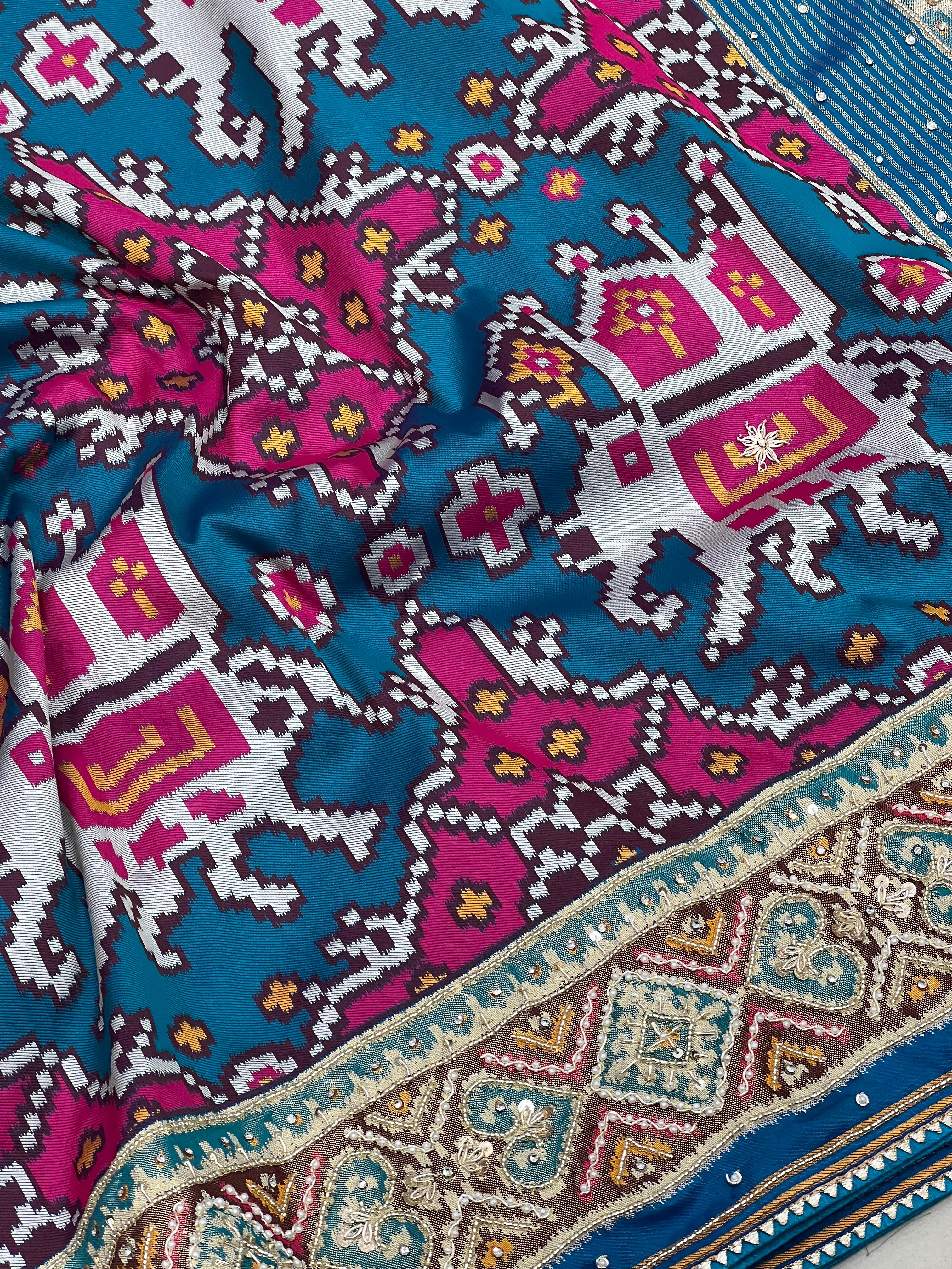 Blue Patola Big Elephant Hand Embroidery Saree