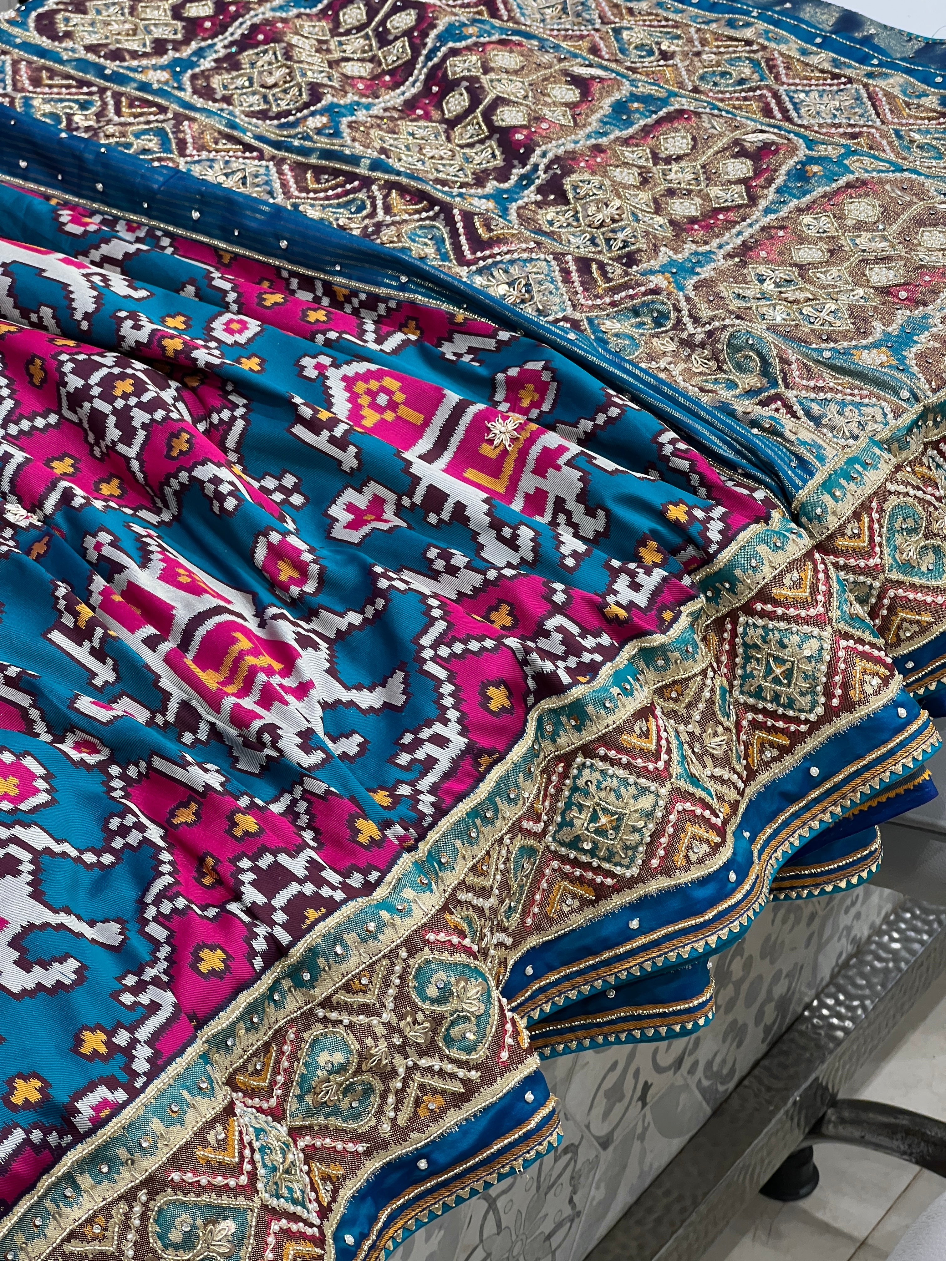 Blue Patola Big Elephant Hand Embroidery Saree