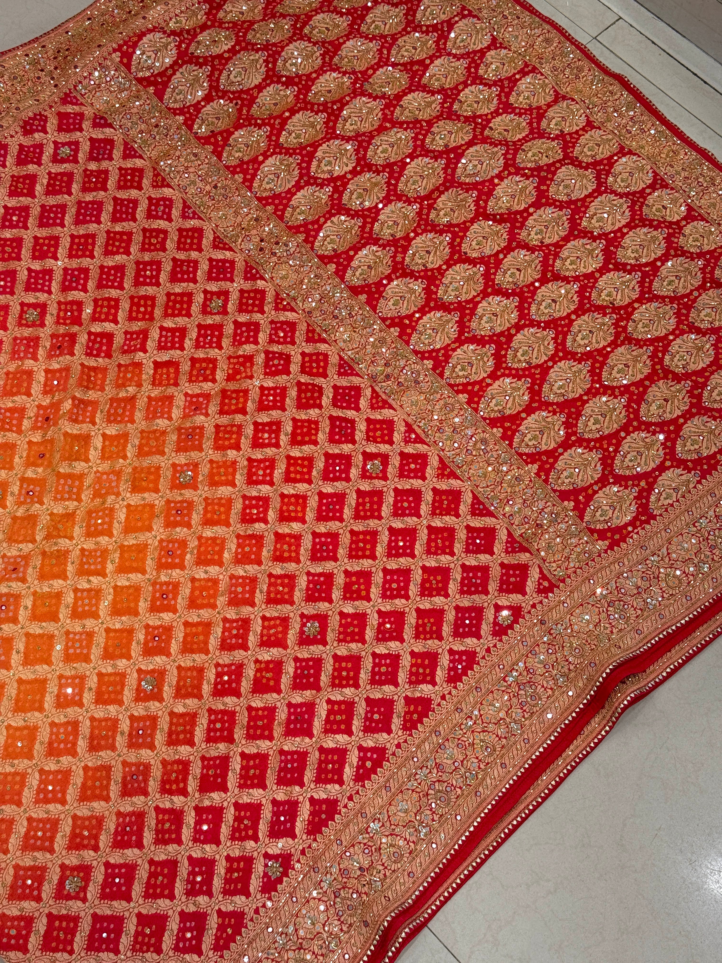 Orange Red Shaded Bandhej Hand Embroidery Saree