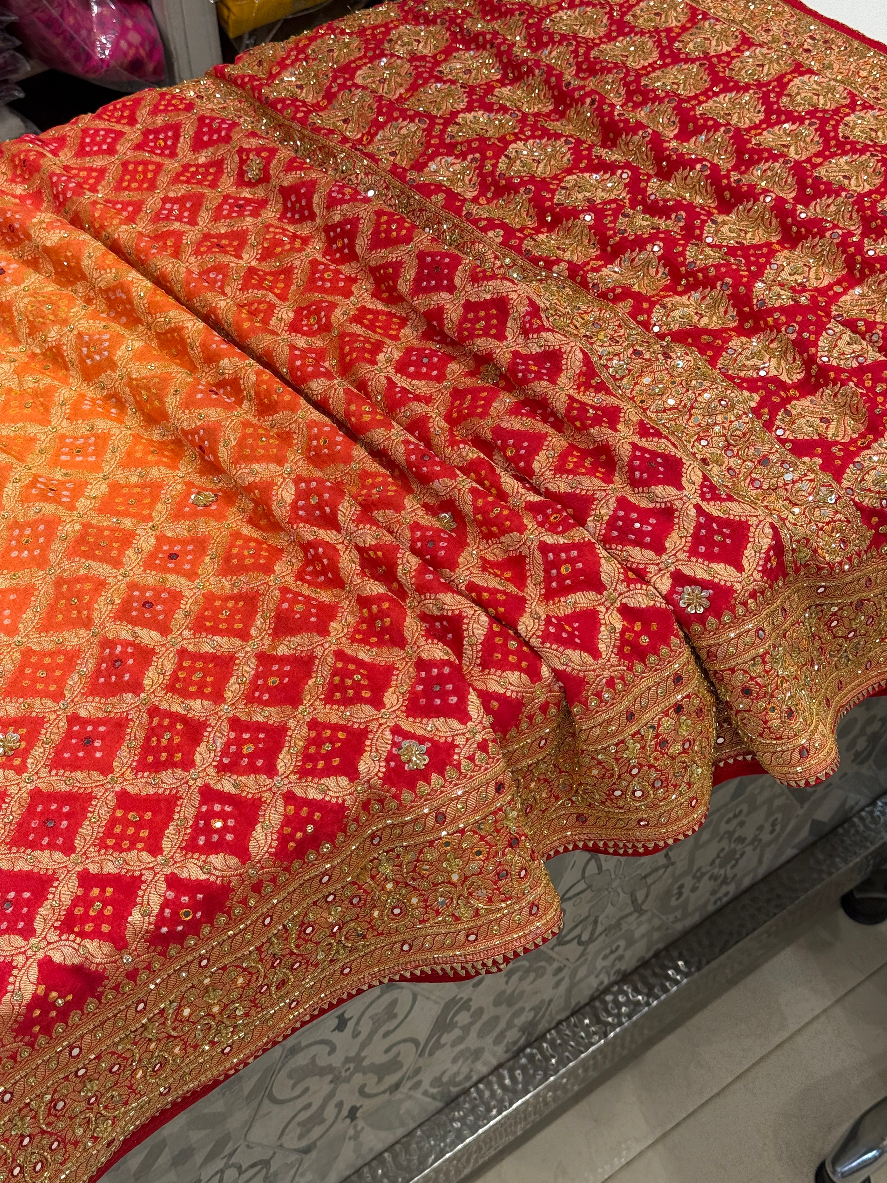 Orange Red Shaded Bandhej Hand Embroidery Saree