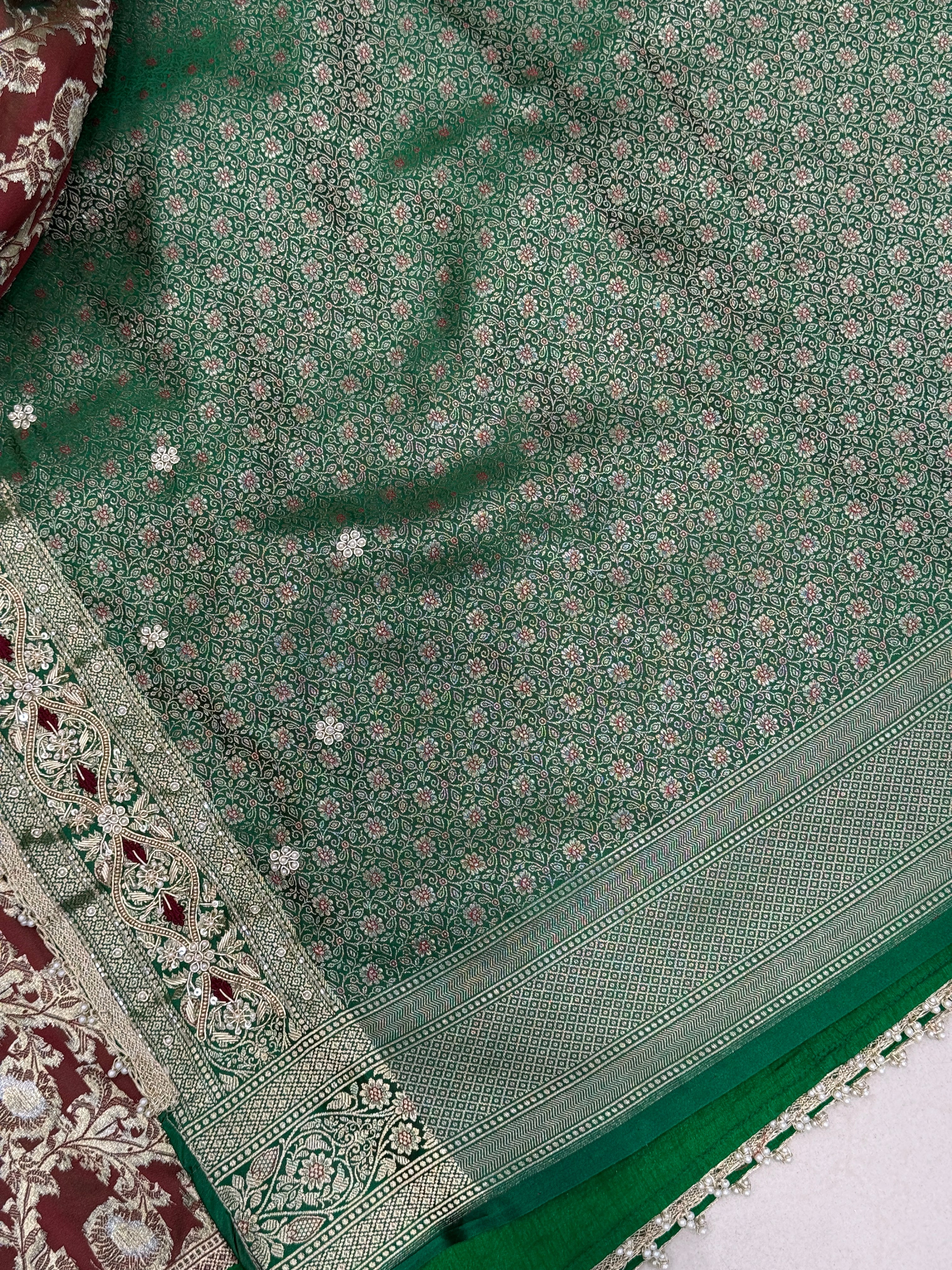 Bottle Green Banarasi Silk Small Jaal Zardosi Resham Saree