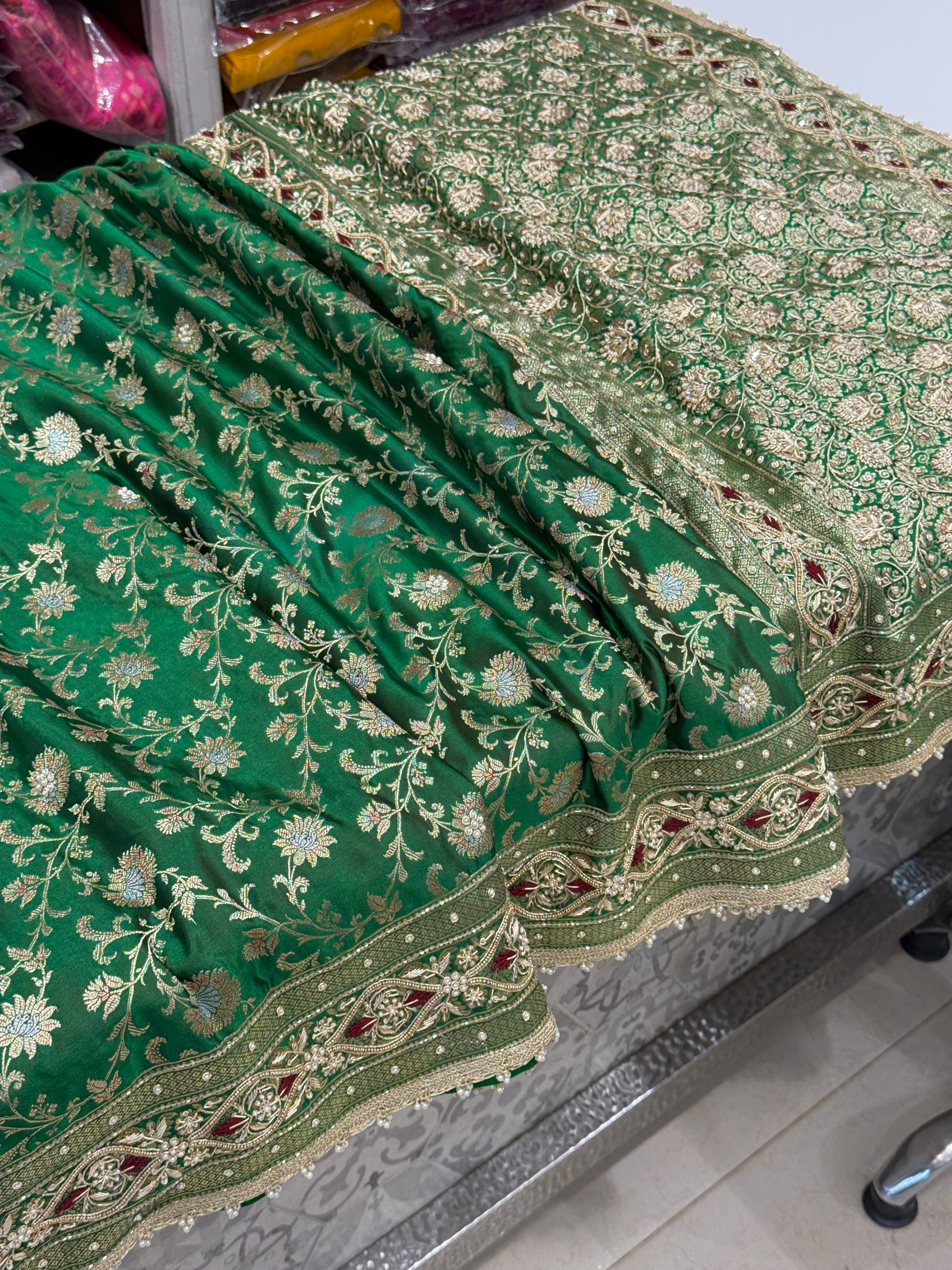 Bottle Green Banarasi Silk Small Jaal Zardosi Resham Saree