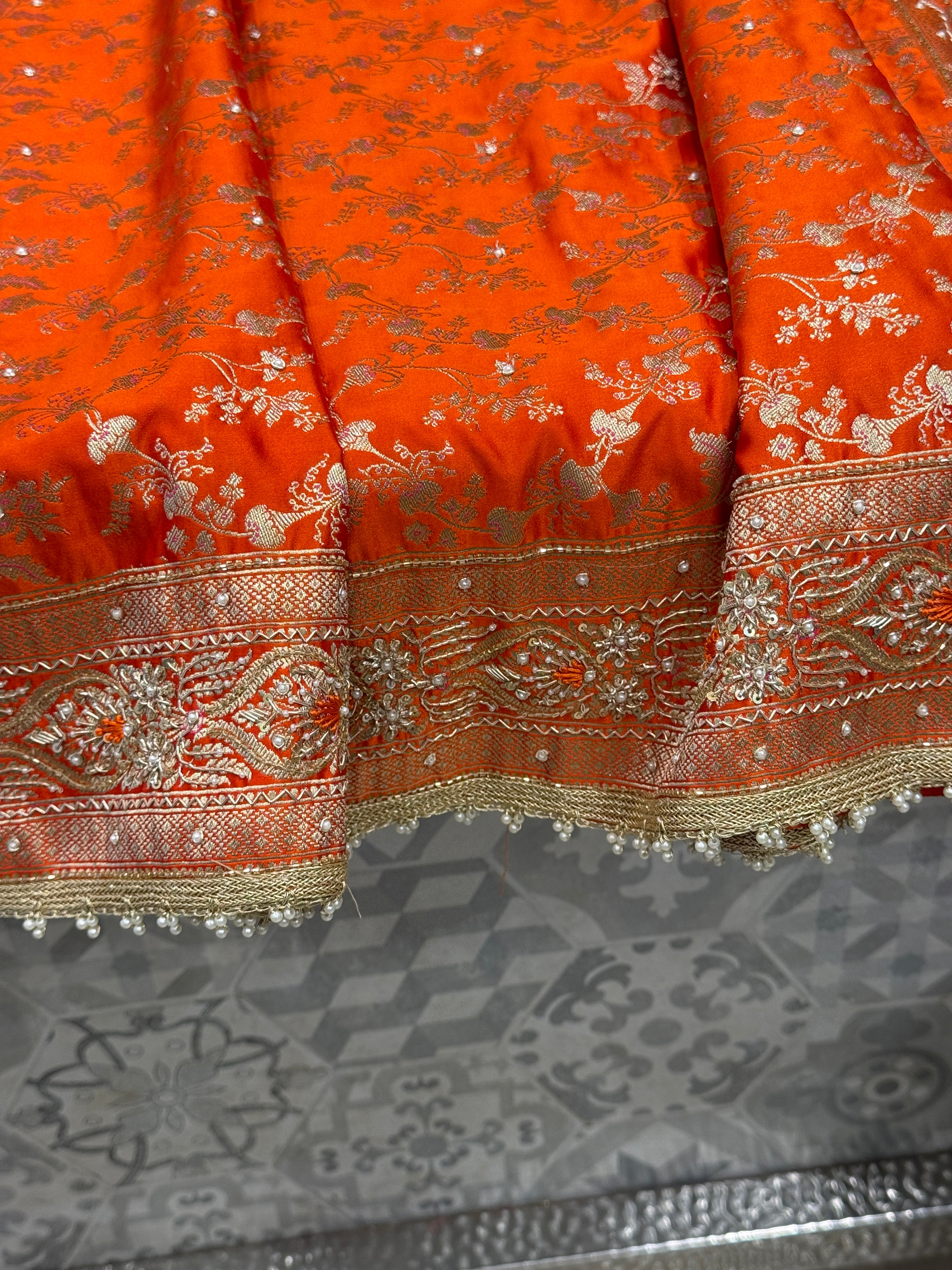 Orange Banarasi Silk Bloom Border Resham Embroidery Saree