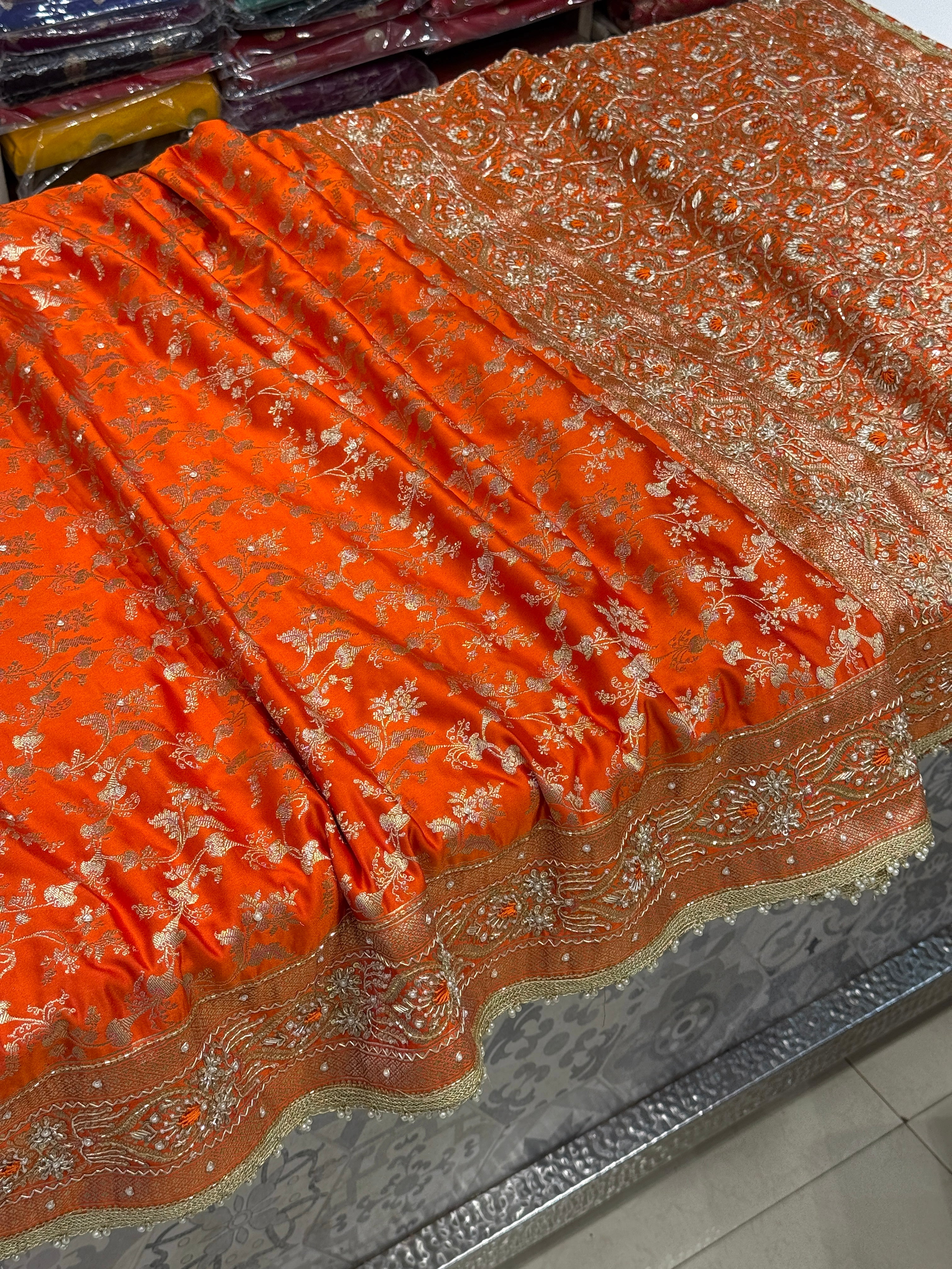 Orange Banarasi Silk Bloom Border Resham Embroidery Saree