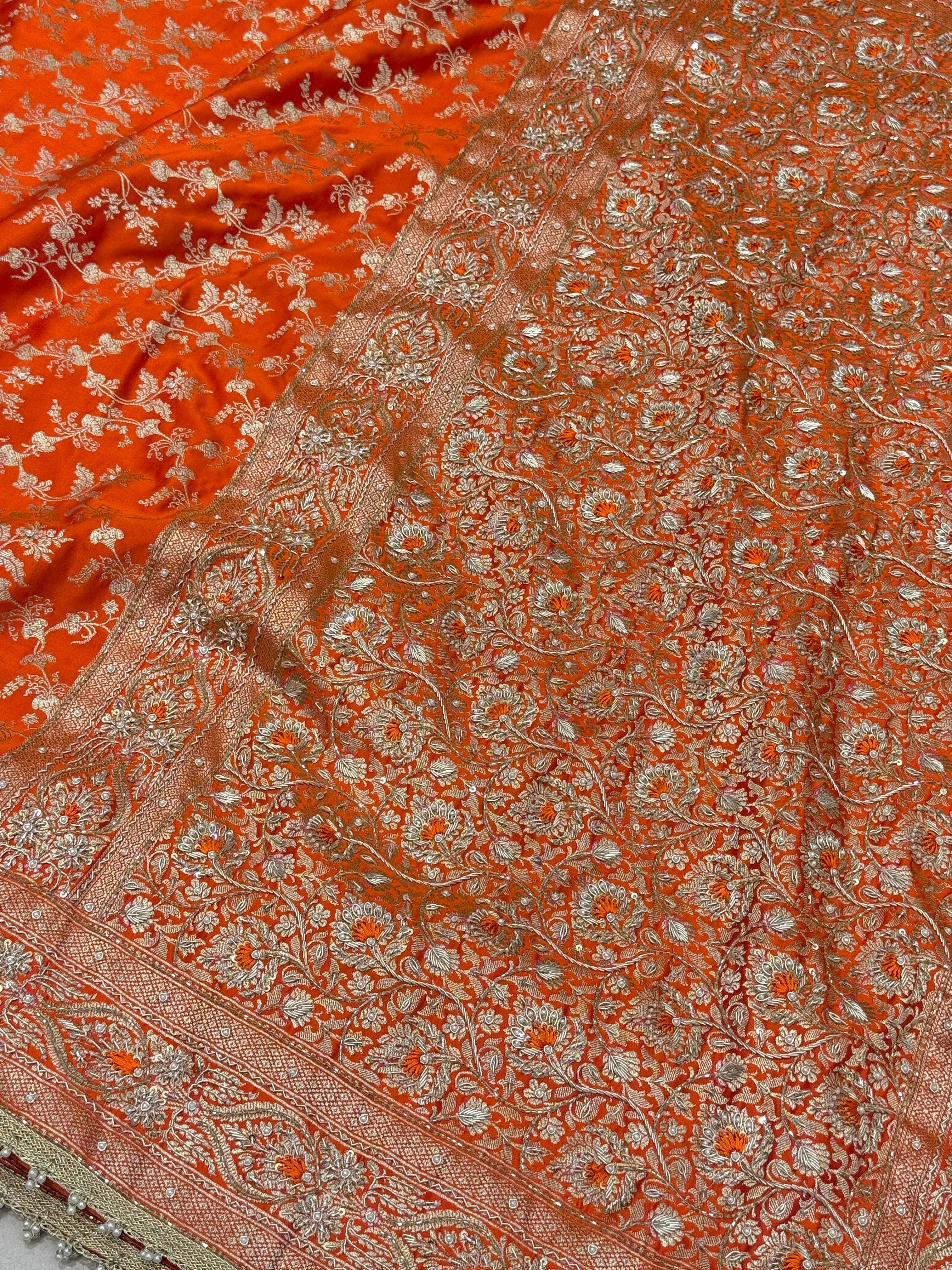 Orange Banarasi Silk Bloom Border Resham Embroidery Saree