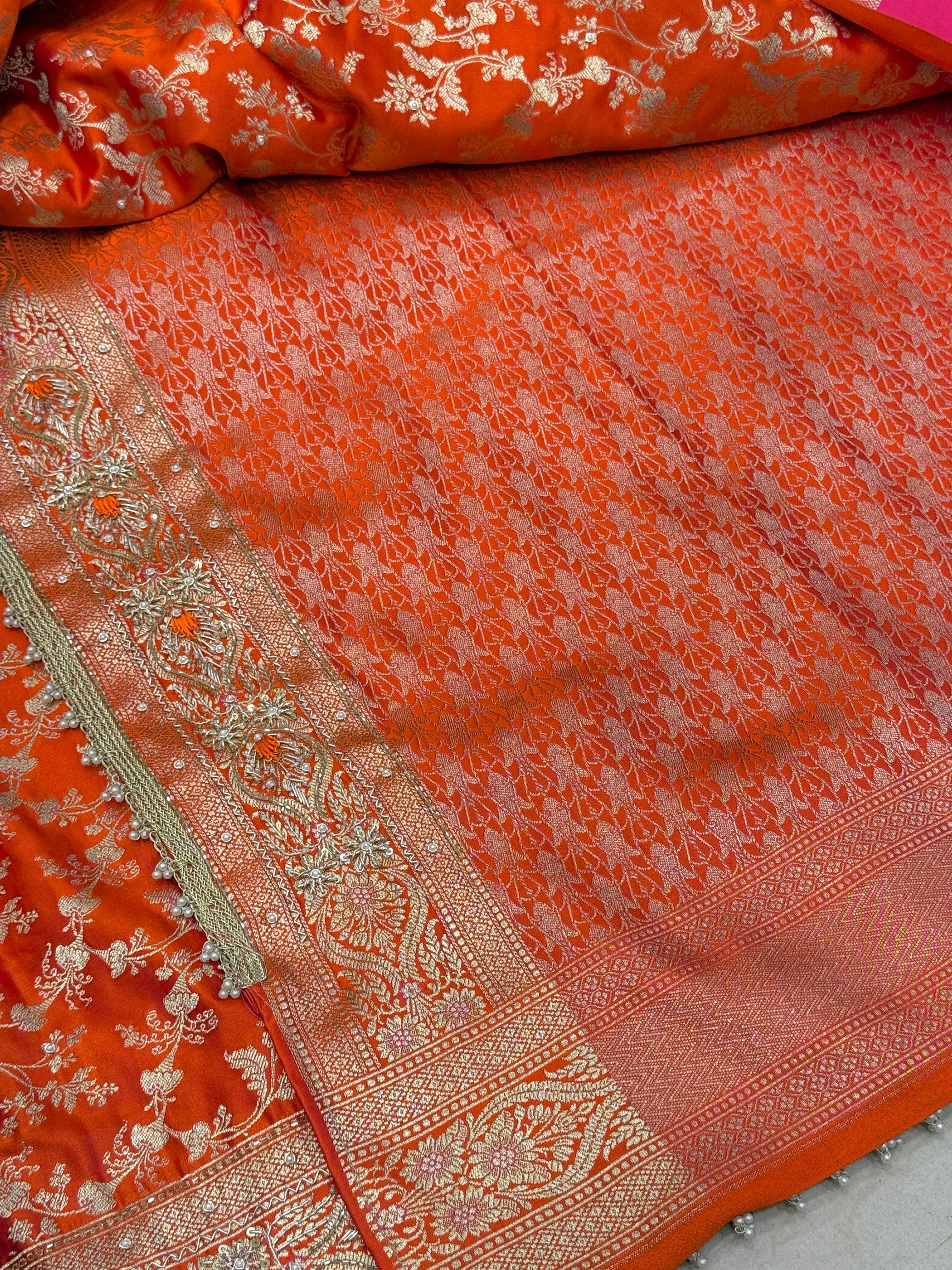 Orange Banarasi Silk Bloom Border Resham Embroidery Saree