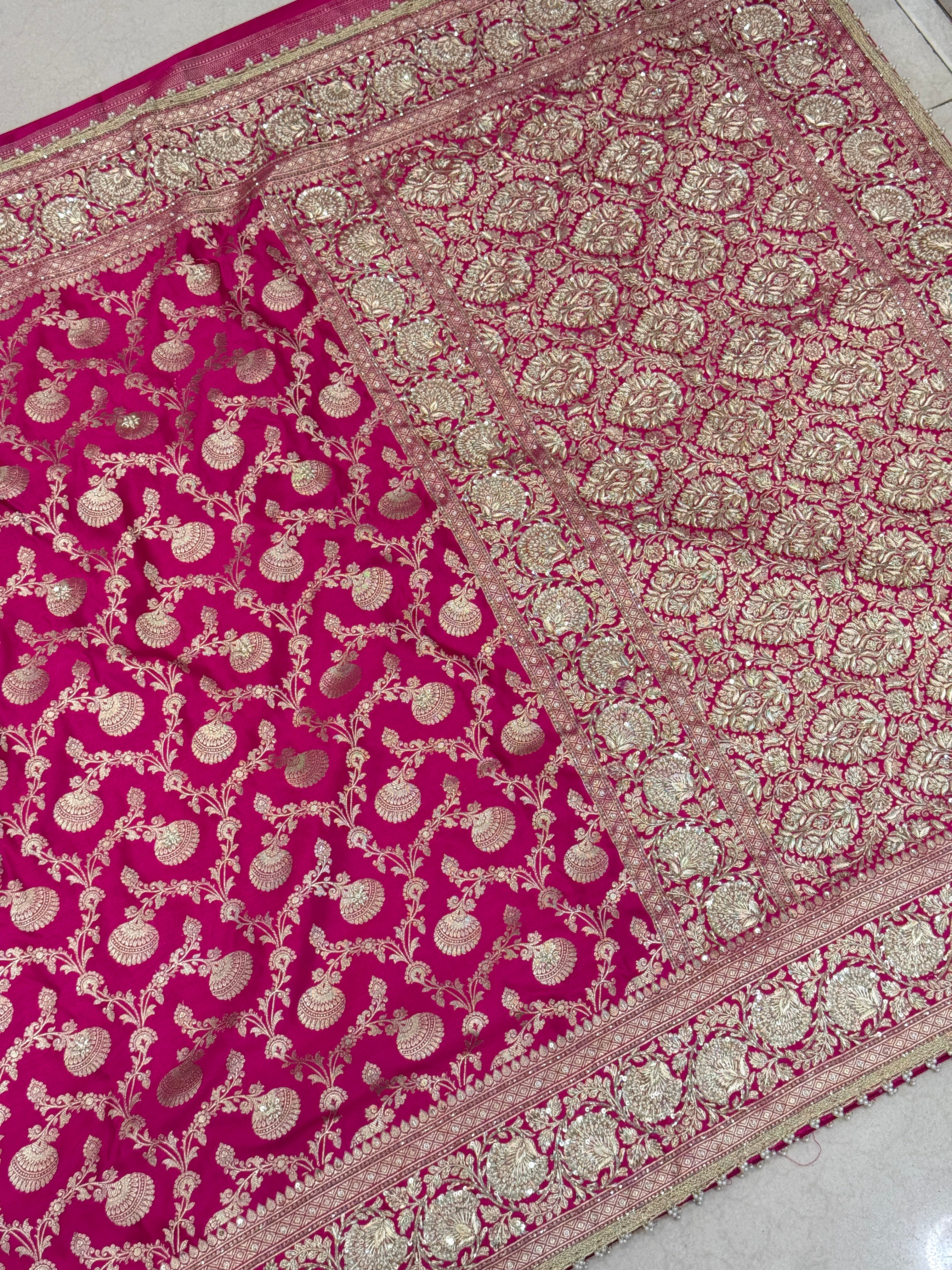 Rani Banarasi Big Jaal Zardozi Hand Embroidery Saree