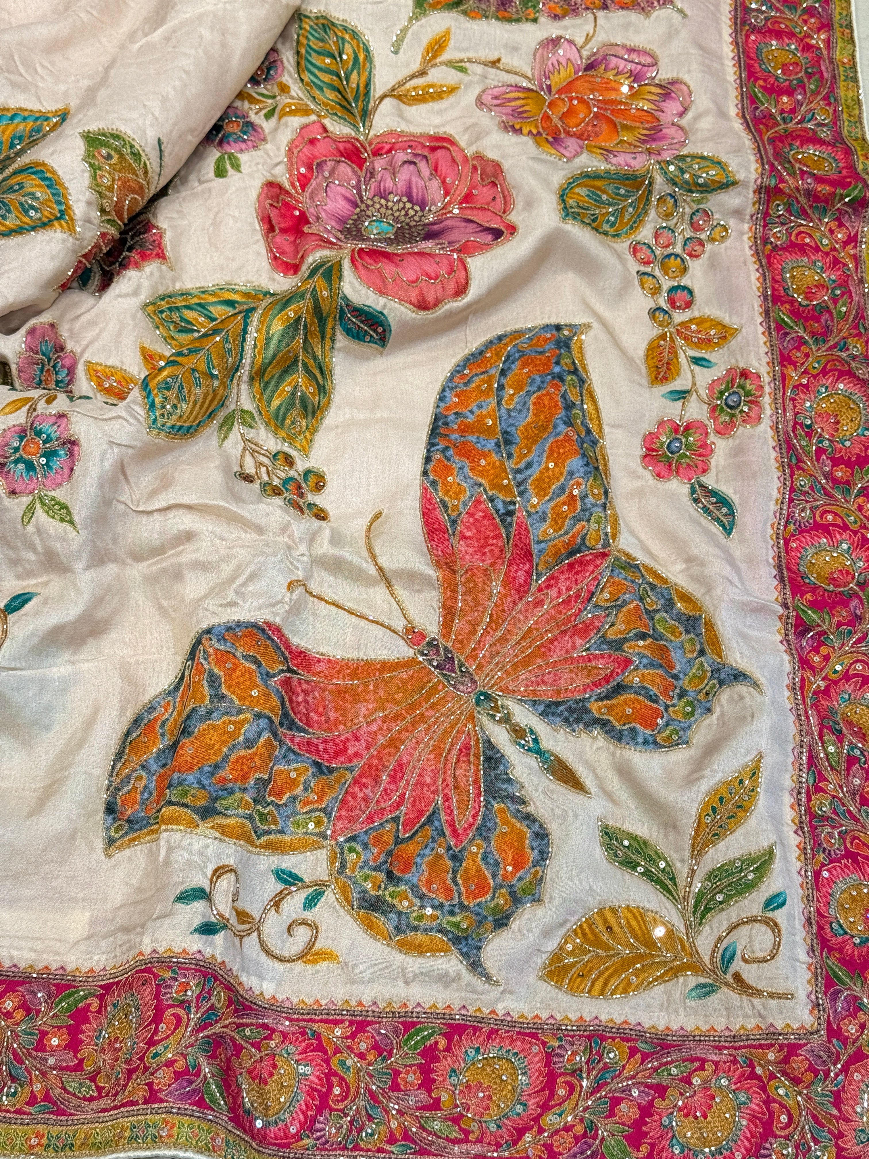 Beige Munga Silk Butterfly Hand Embroidery Saree