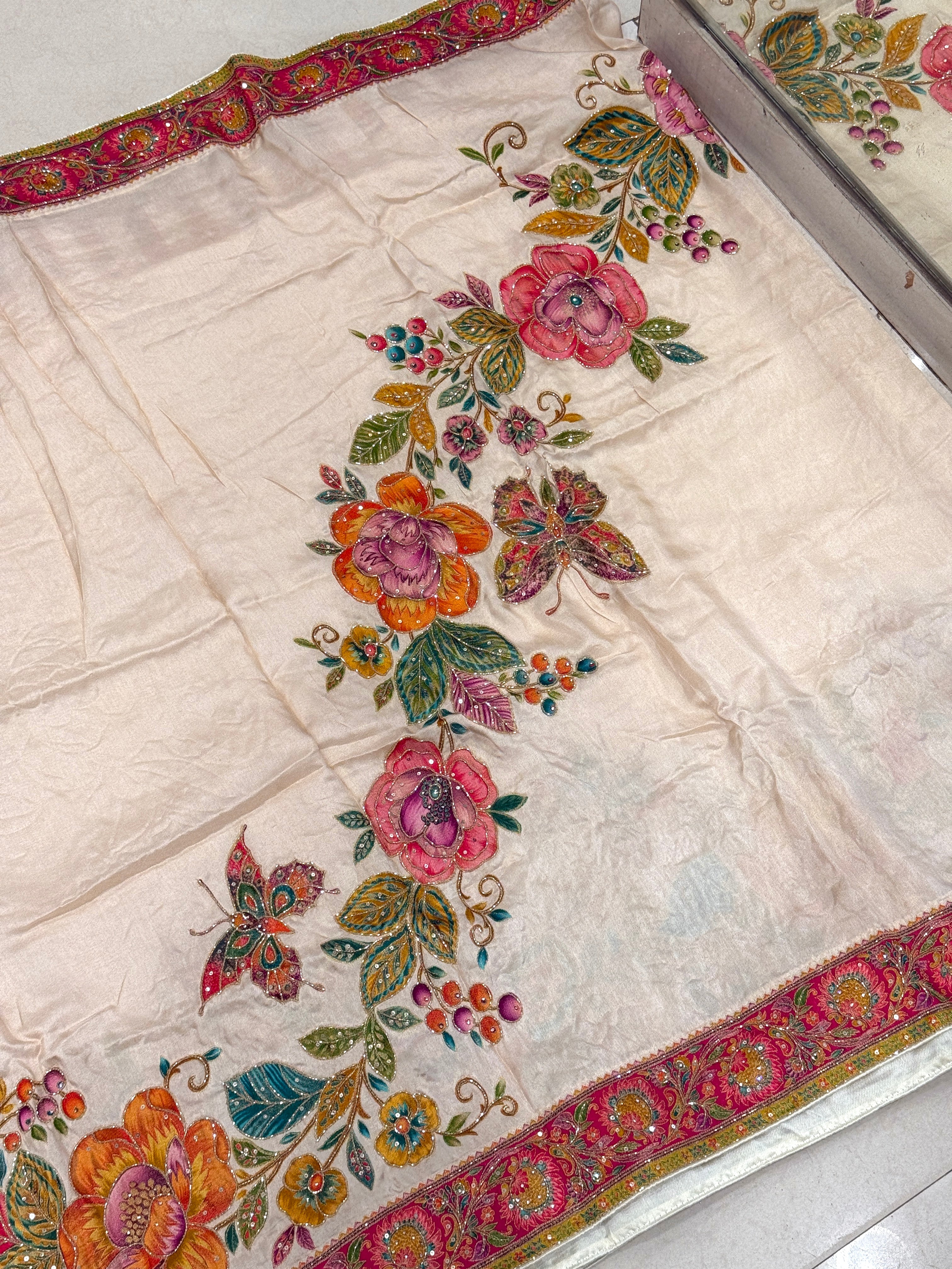 Beige Munga Silk Butterfly Hand Embroidery Saree