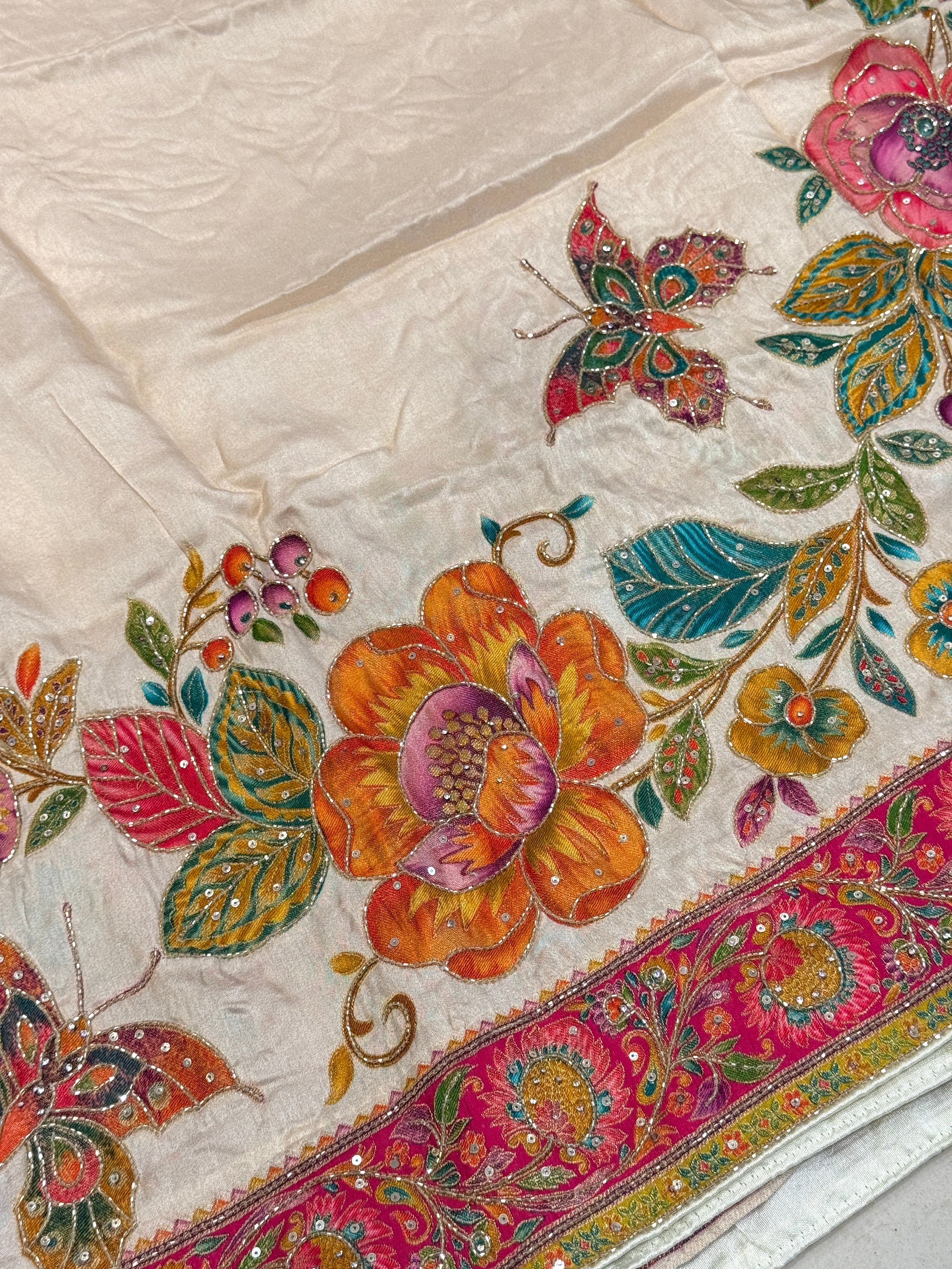 Beige Munga Silk Butterfly Hand Embroidery Saree