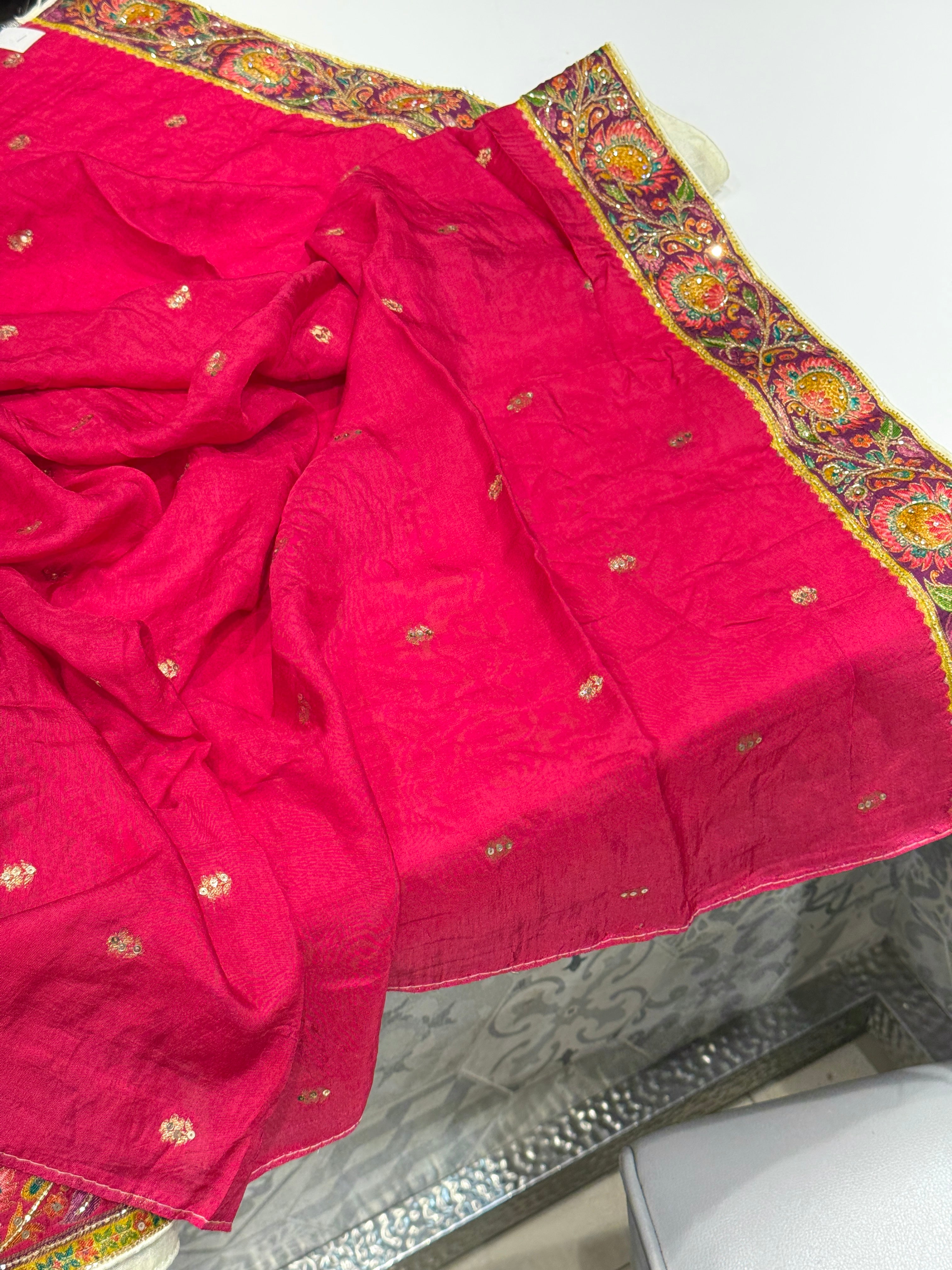 Beige Munga Silk Butterfly Hand Embroidery Saree