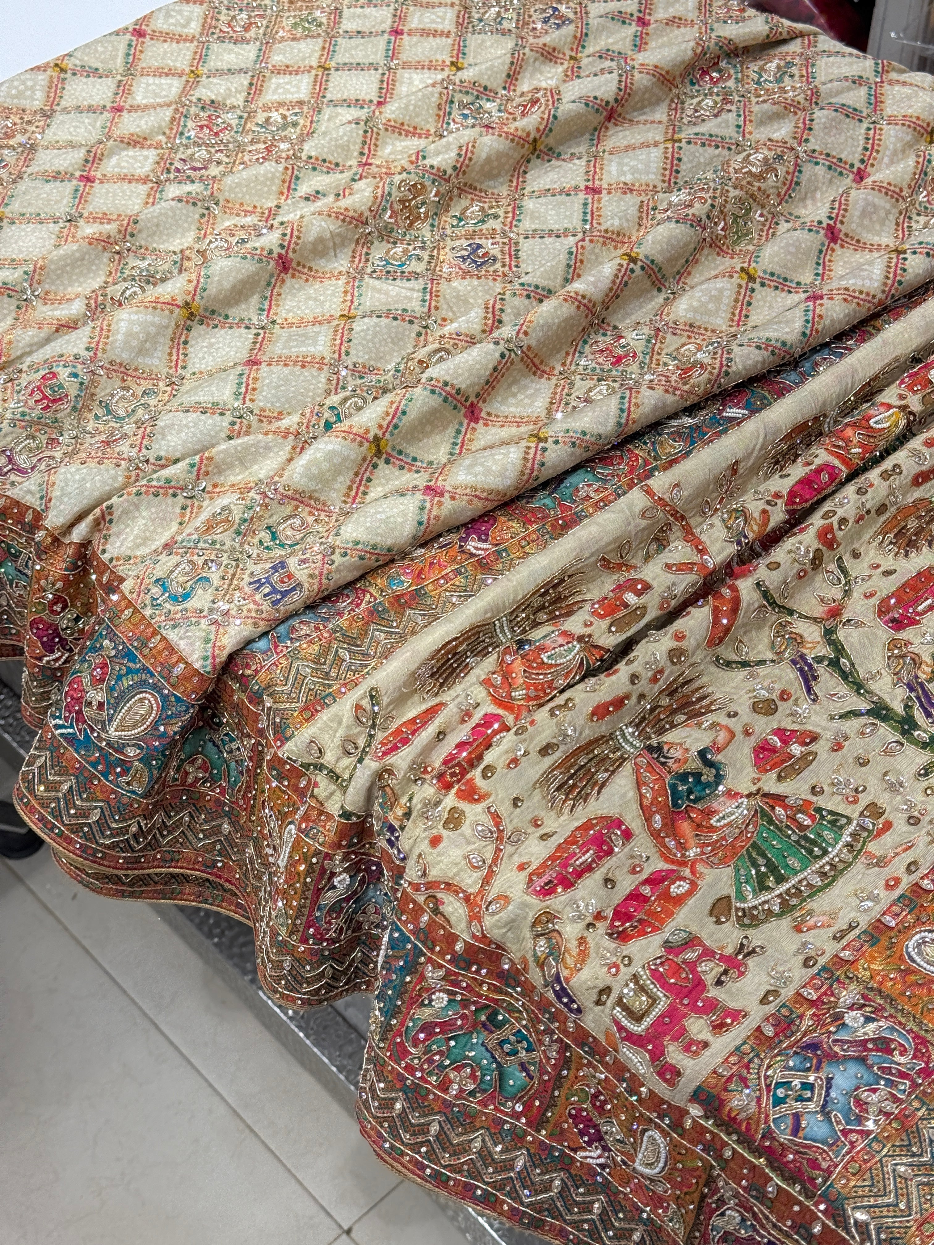 Beige Munga Silk Bandhej Patola Hand Embroidery Saree