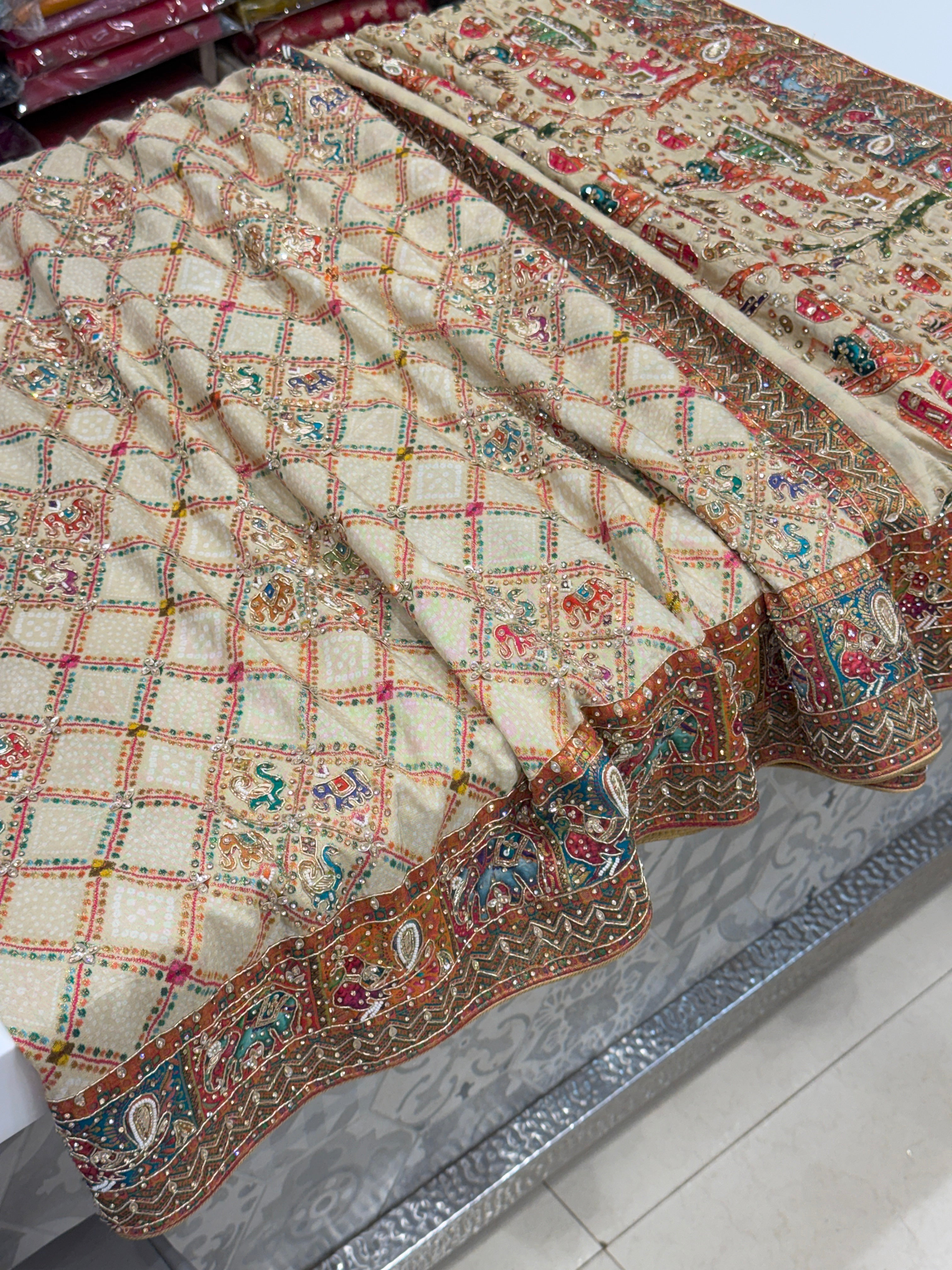 Beige Munga Silk Bandhej Patola Hand Embroidery Saree