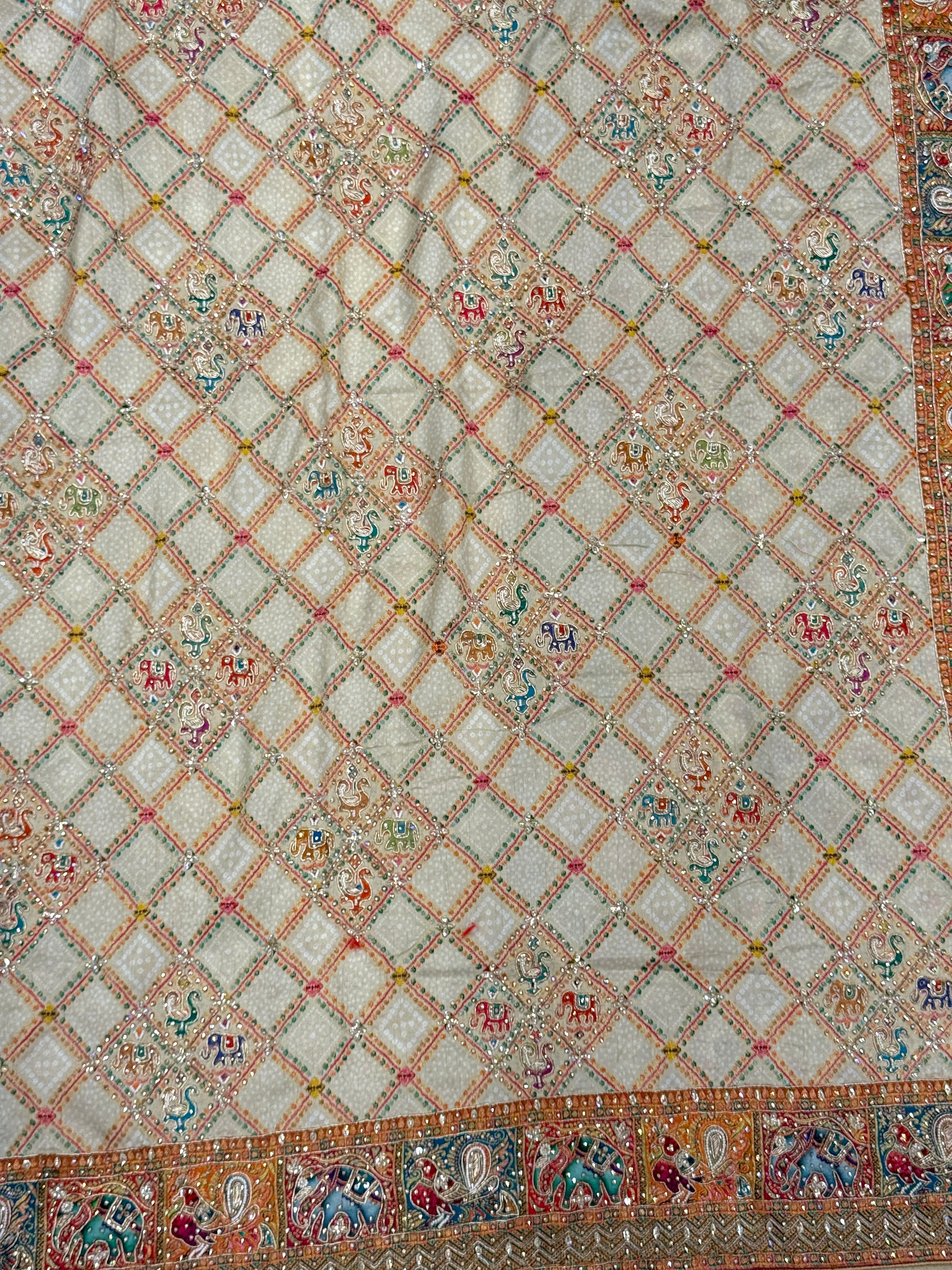 Beige Munga Silk Bandhej Patola Hand Embroidery Saree