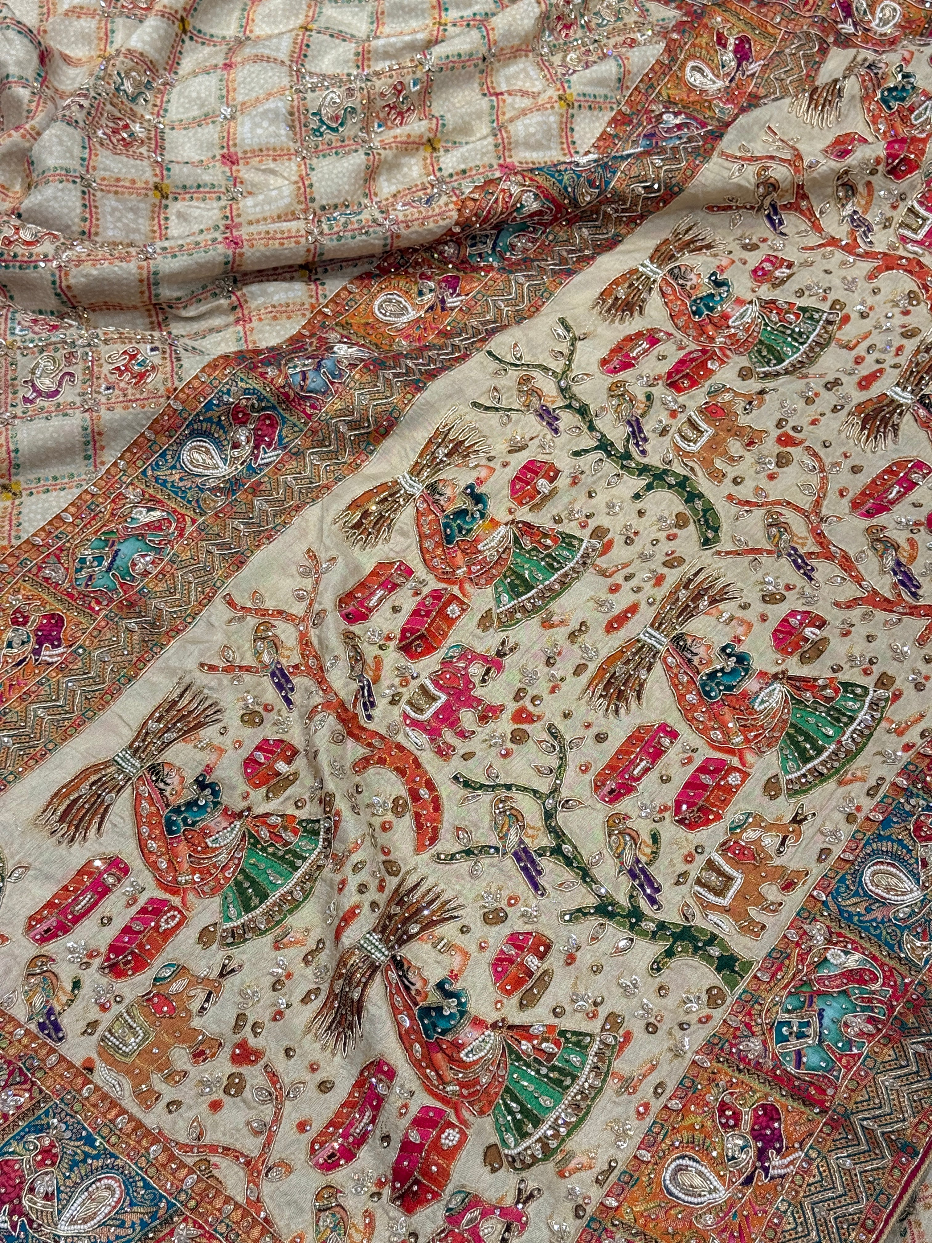 Beige Munga Silk Bandhej Patola Hand Embroidery Saree