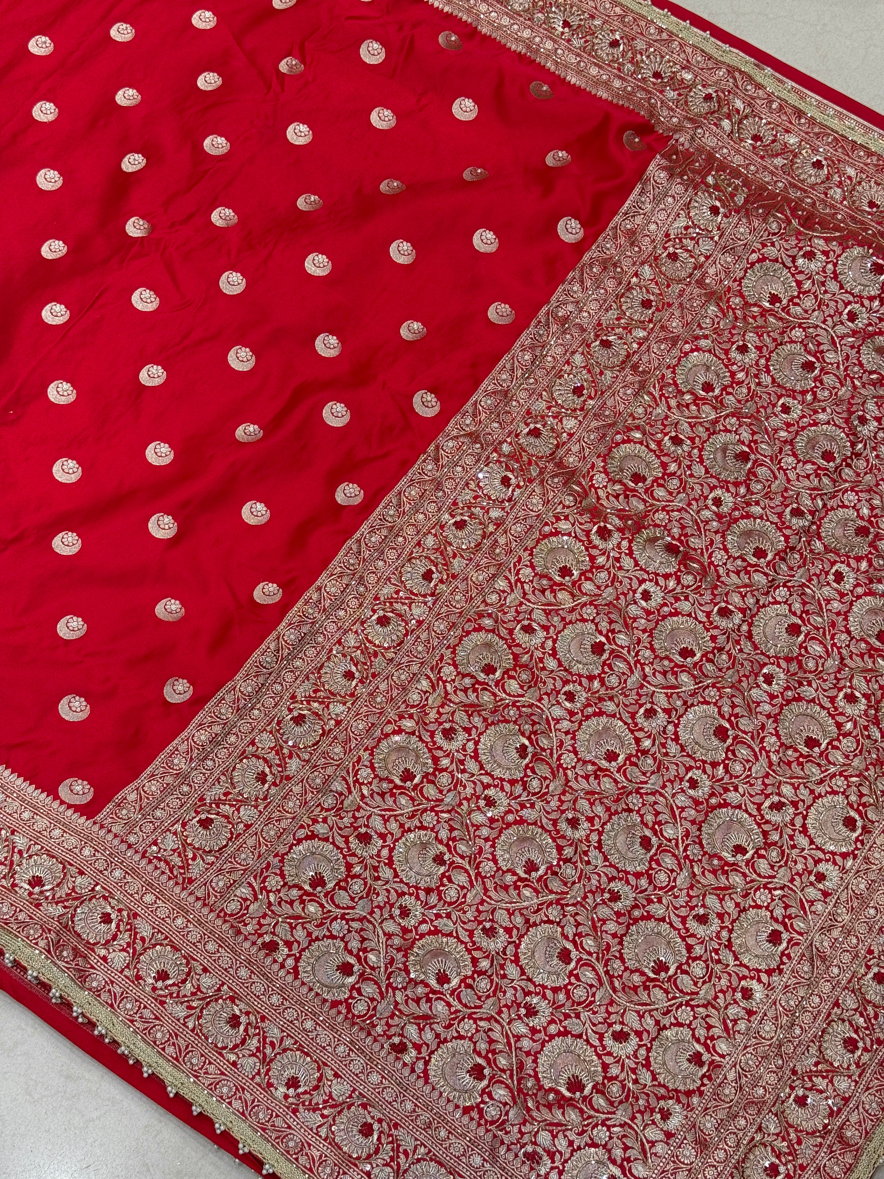 Red Banarasi Silk Chand Butta Resham Hand Embroidery Saree