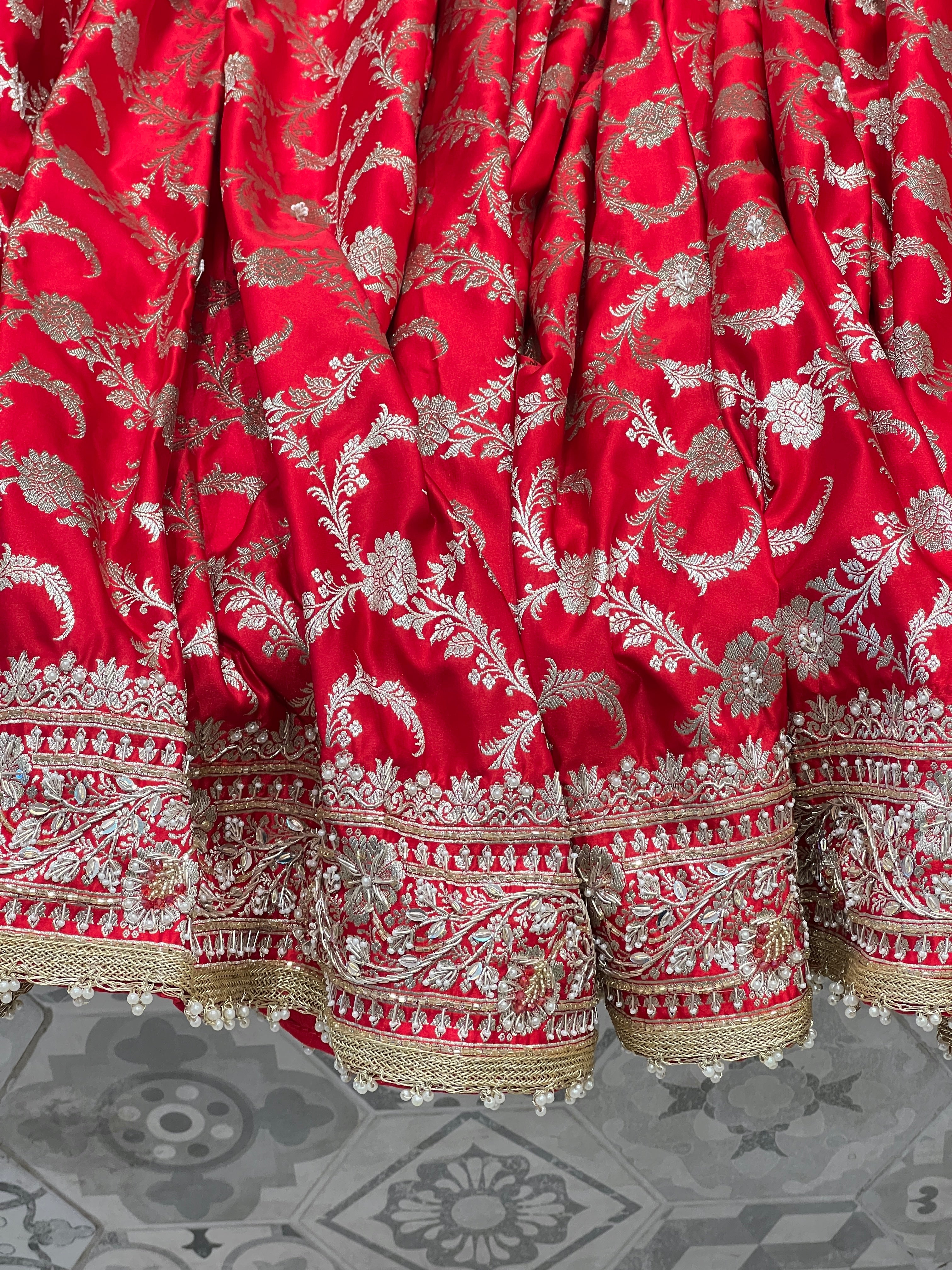 Red Banarasi Silk Sliver Jaal Hand Embroidery Saree