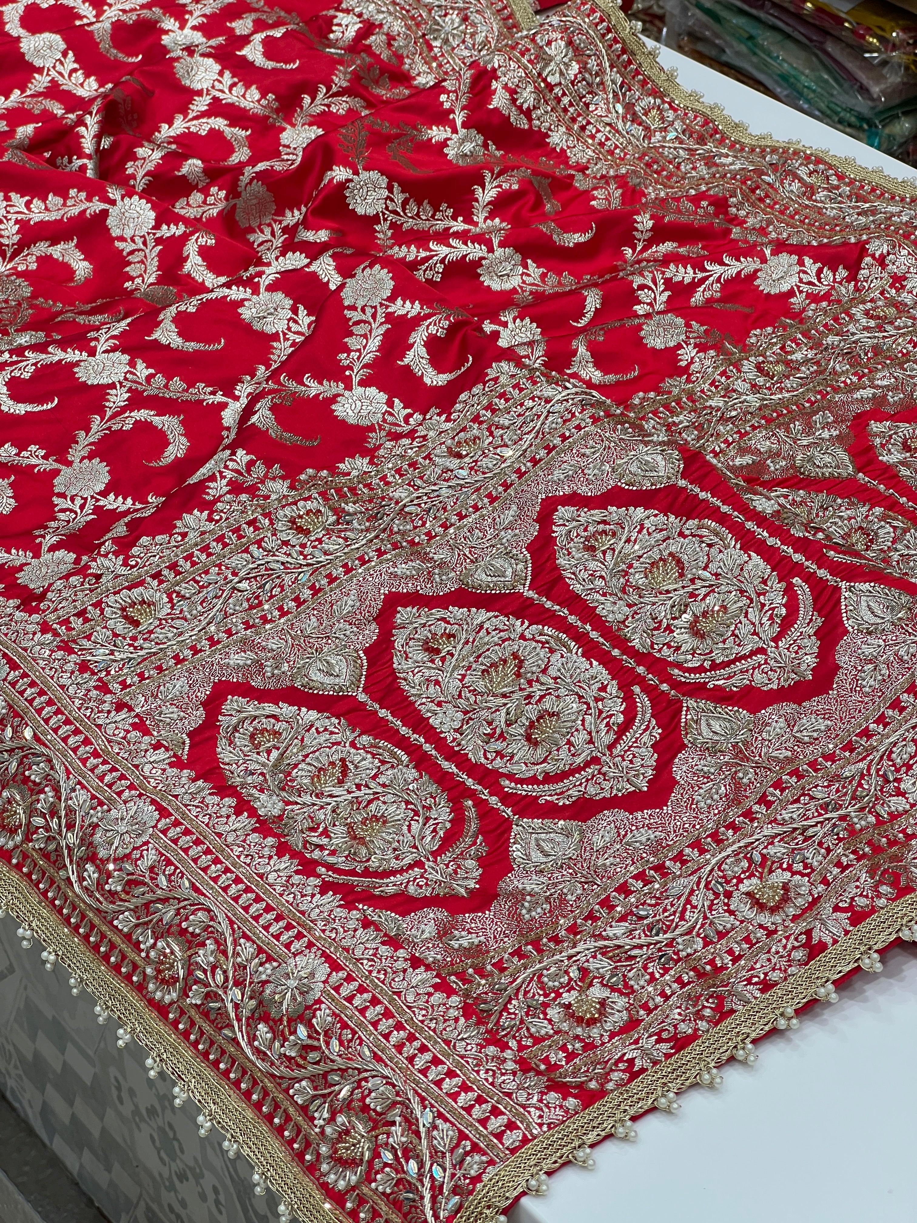 Red Banarasi Silk Sliver Jaal Hand Embroidery Saree