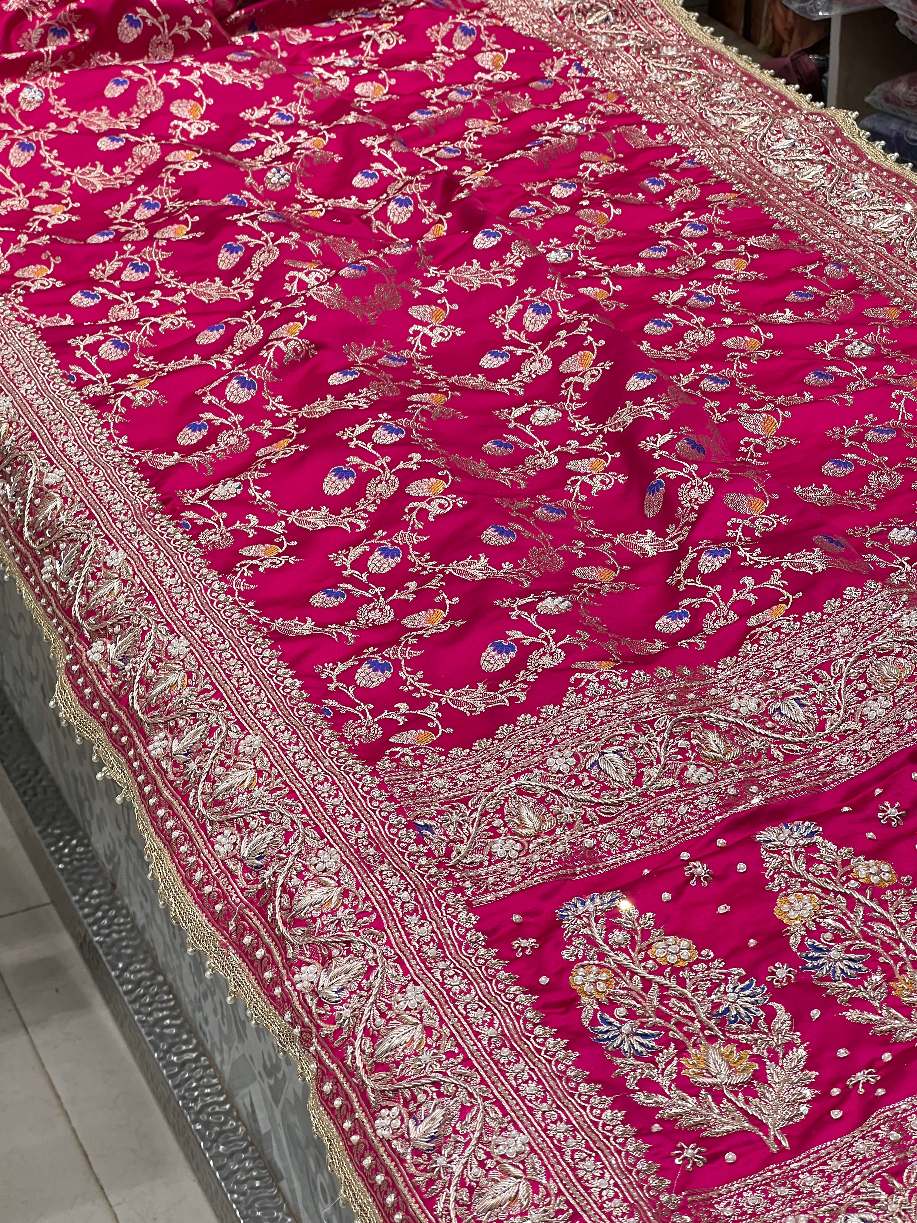 Rani Banarasi Silk Meena Jaal Zardozi Hand Embroidery Saree