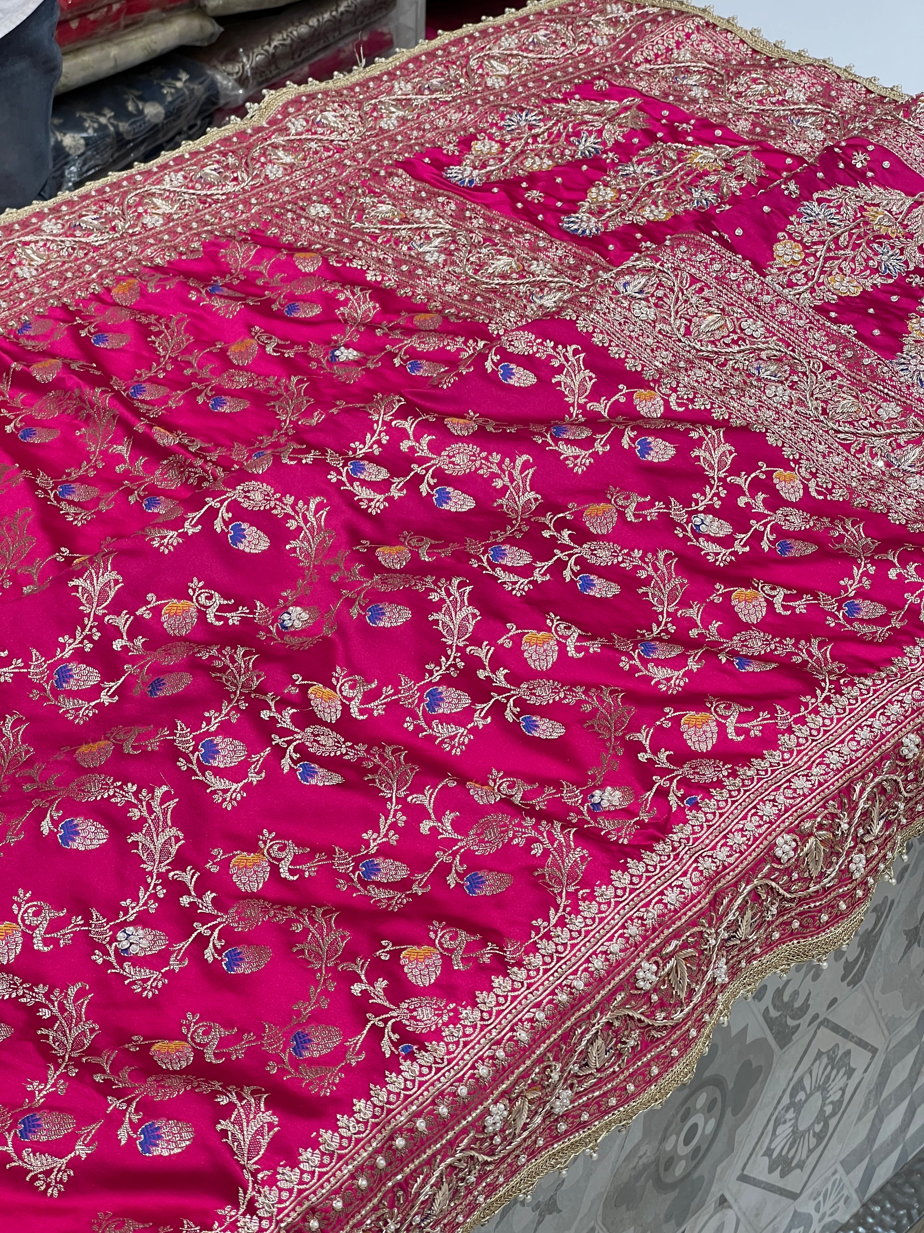 Rani Banarasi Silk Meena Jaal Zardozi Hand Embroidery Saree