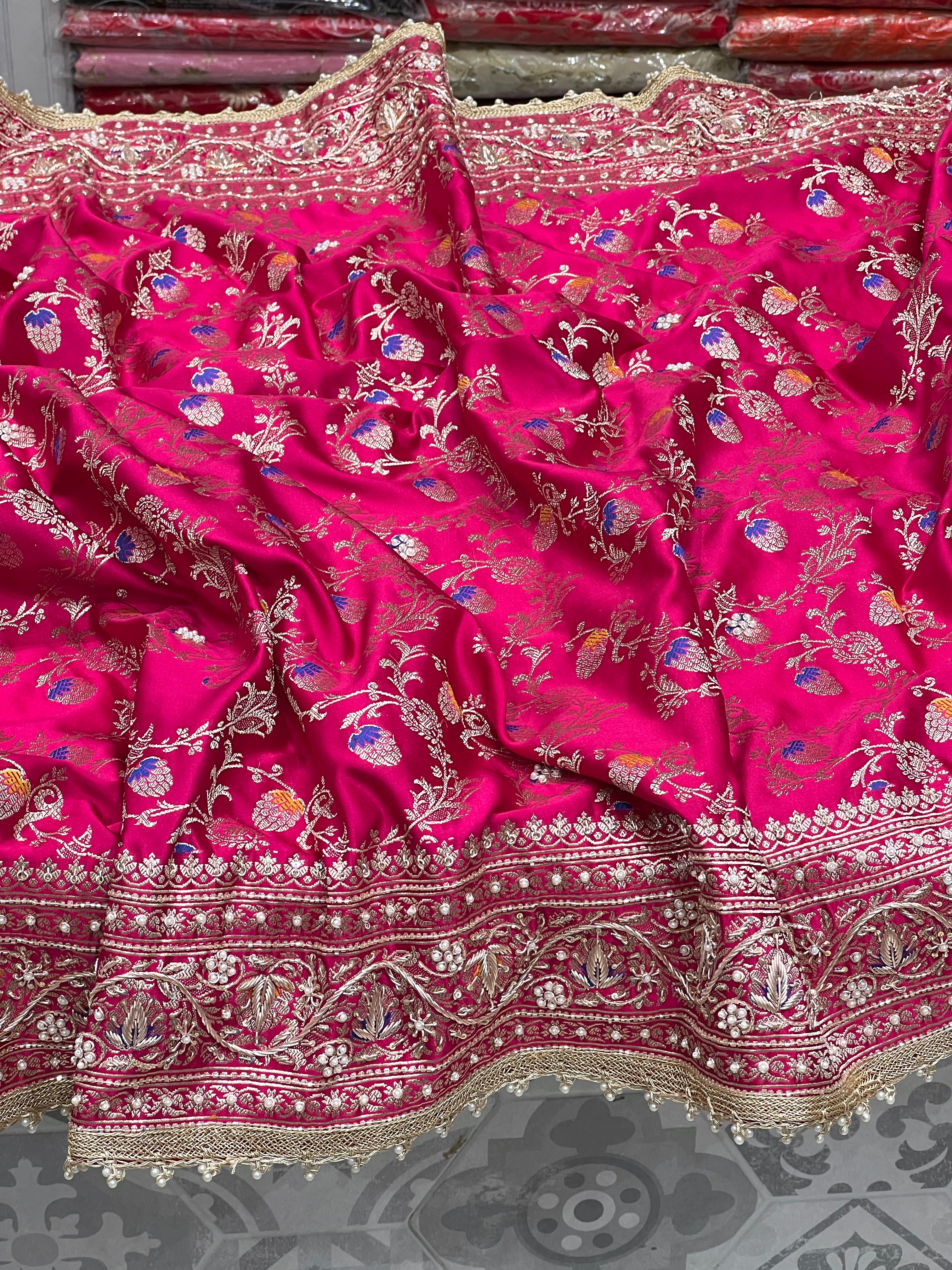 Rani Banarasi Silk Meena Jaal Zardozi Hand Embroidery Saree