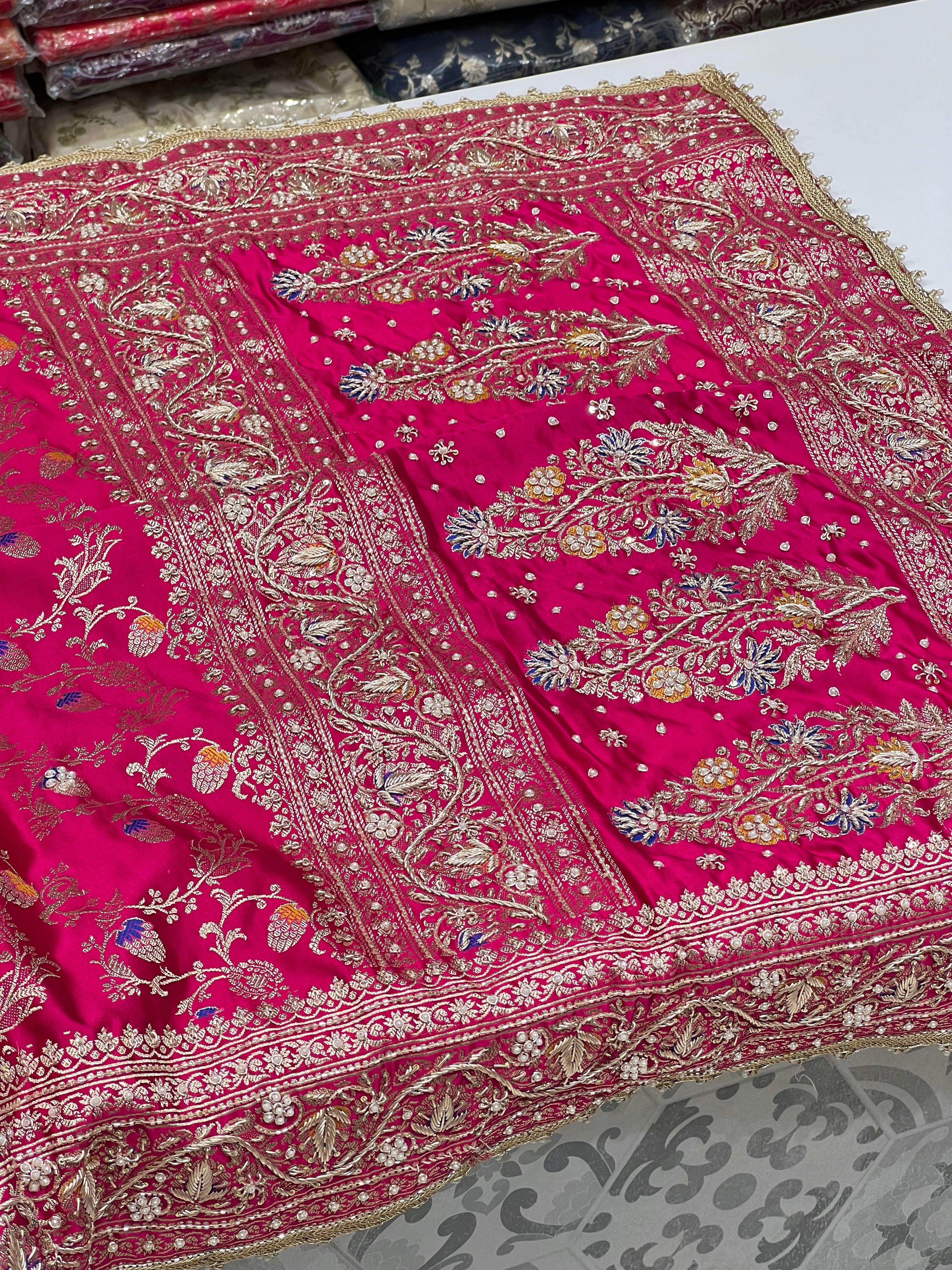 Rani Banarasi Silk Meena Jaal Zardozi Hand Embroidery Saree