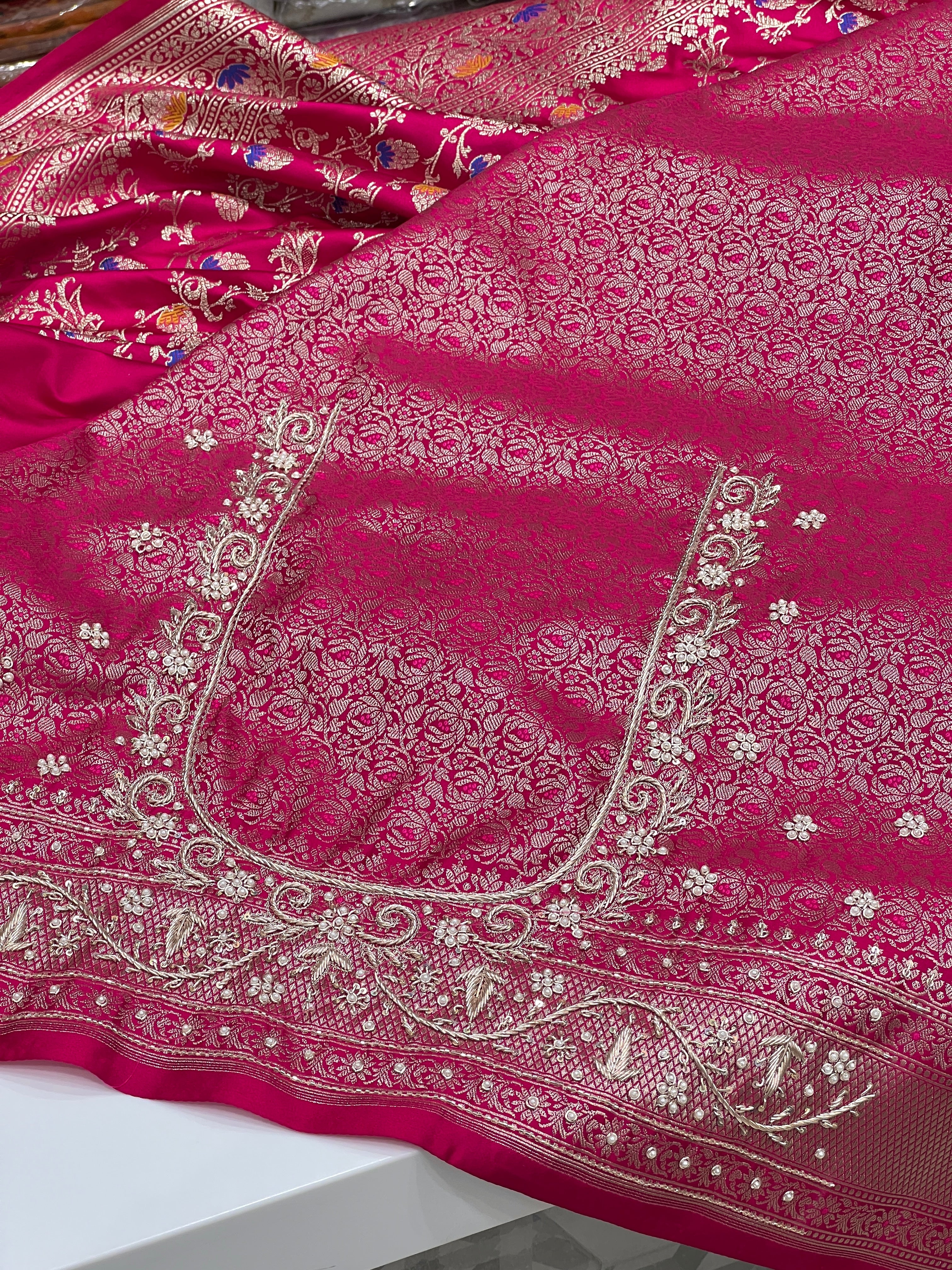 Rani Banarasi Silk Meena Jaal Zardozi Hand Embroidery Saree