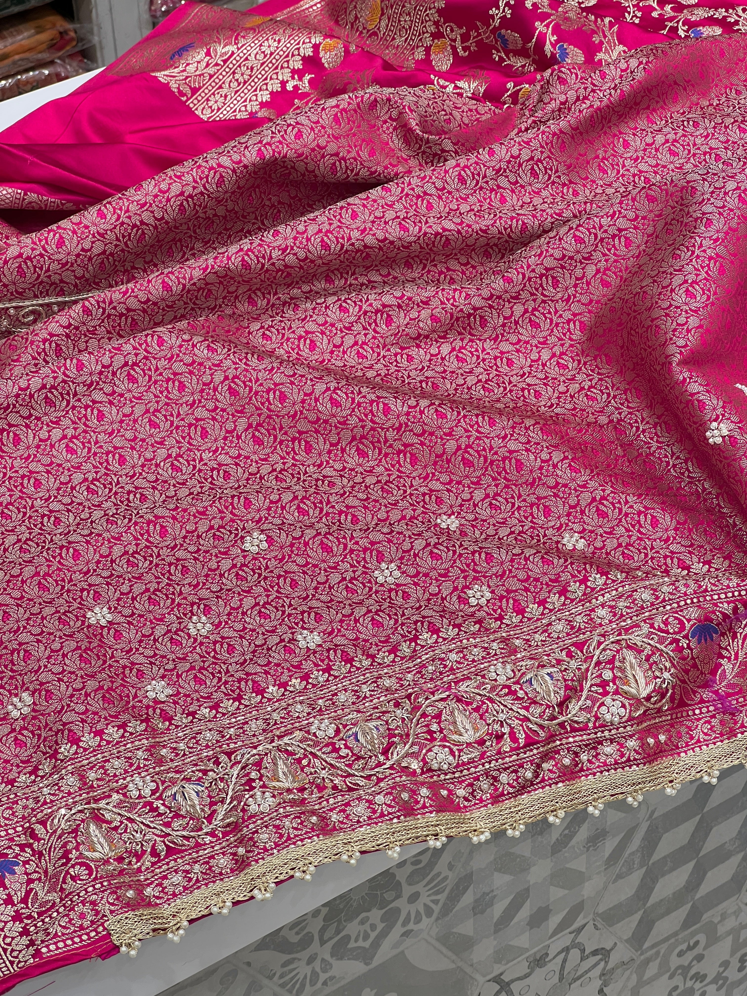 Rani Banarasi Silk Meena Jaal Zardozi Hand Embroidery Saree