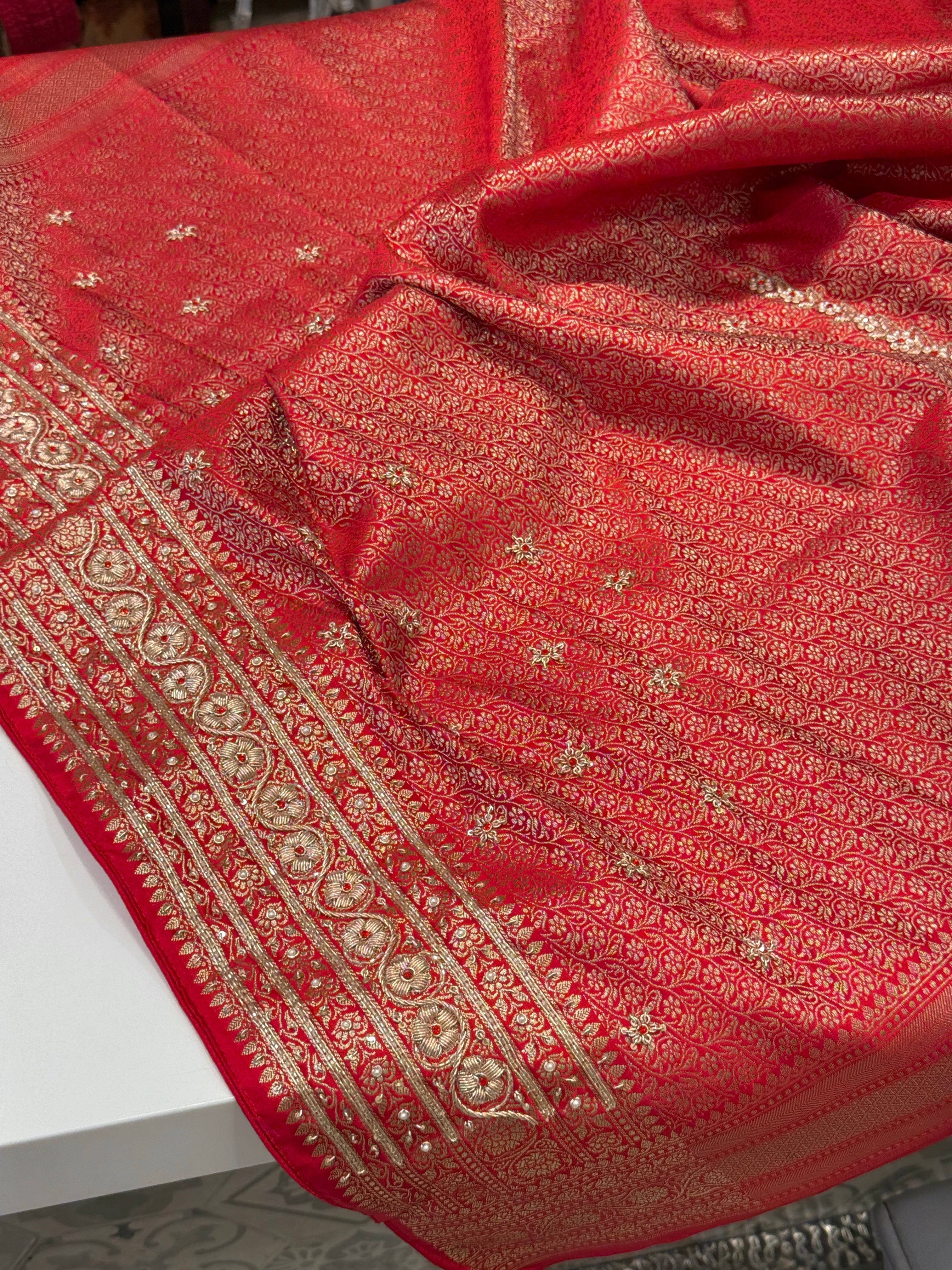 Red Banarasi Sunflower Butti Hand Done Zardozi Saree