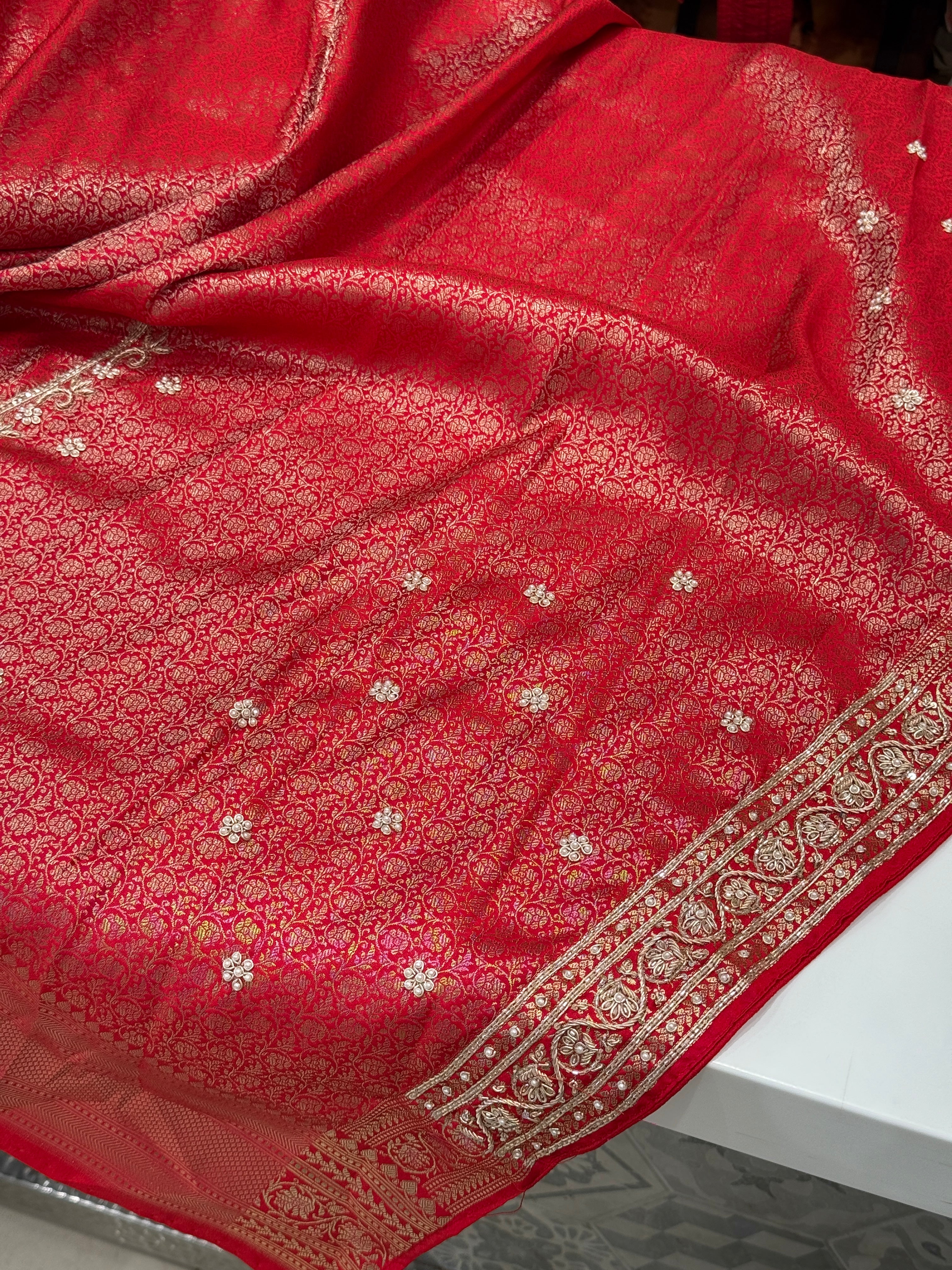 Red Banarasi Silk Sona Rupa Hand Embroidery Saree