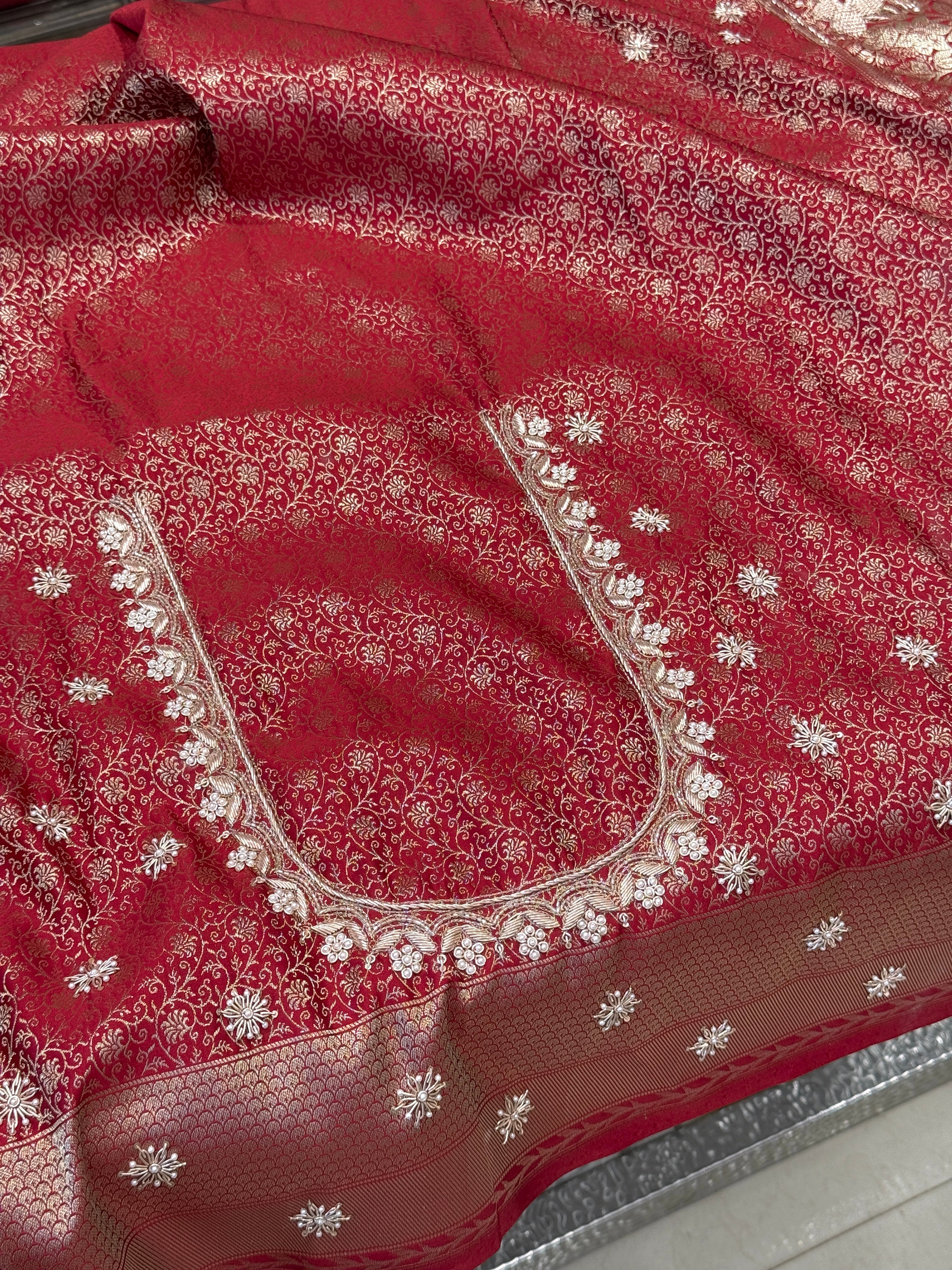 Maroon Banarasi Rose Border Zardozi Hand Embroidery Saree