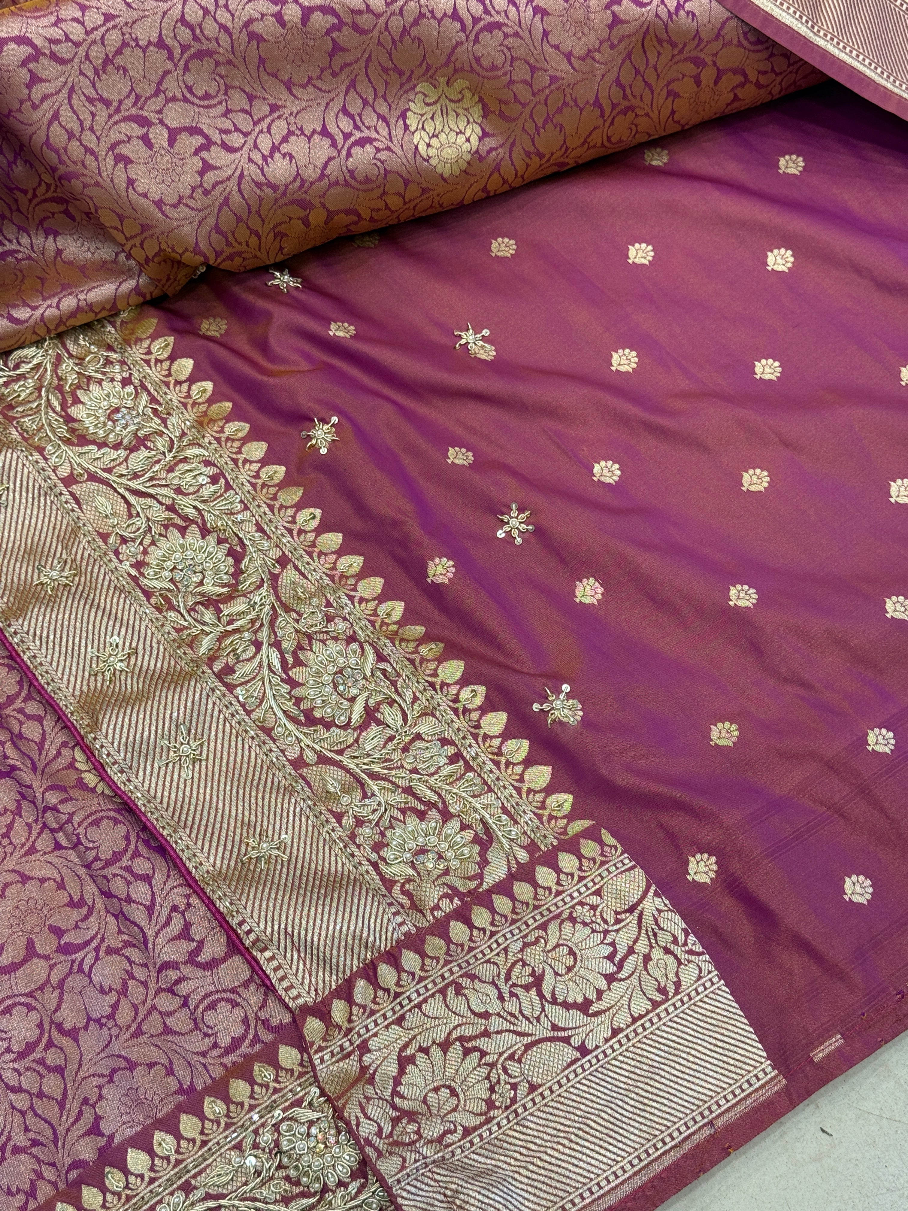 Wine Golden Banarasi Dhup Chav Hand Embroidery Saree