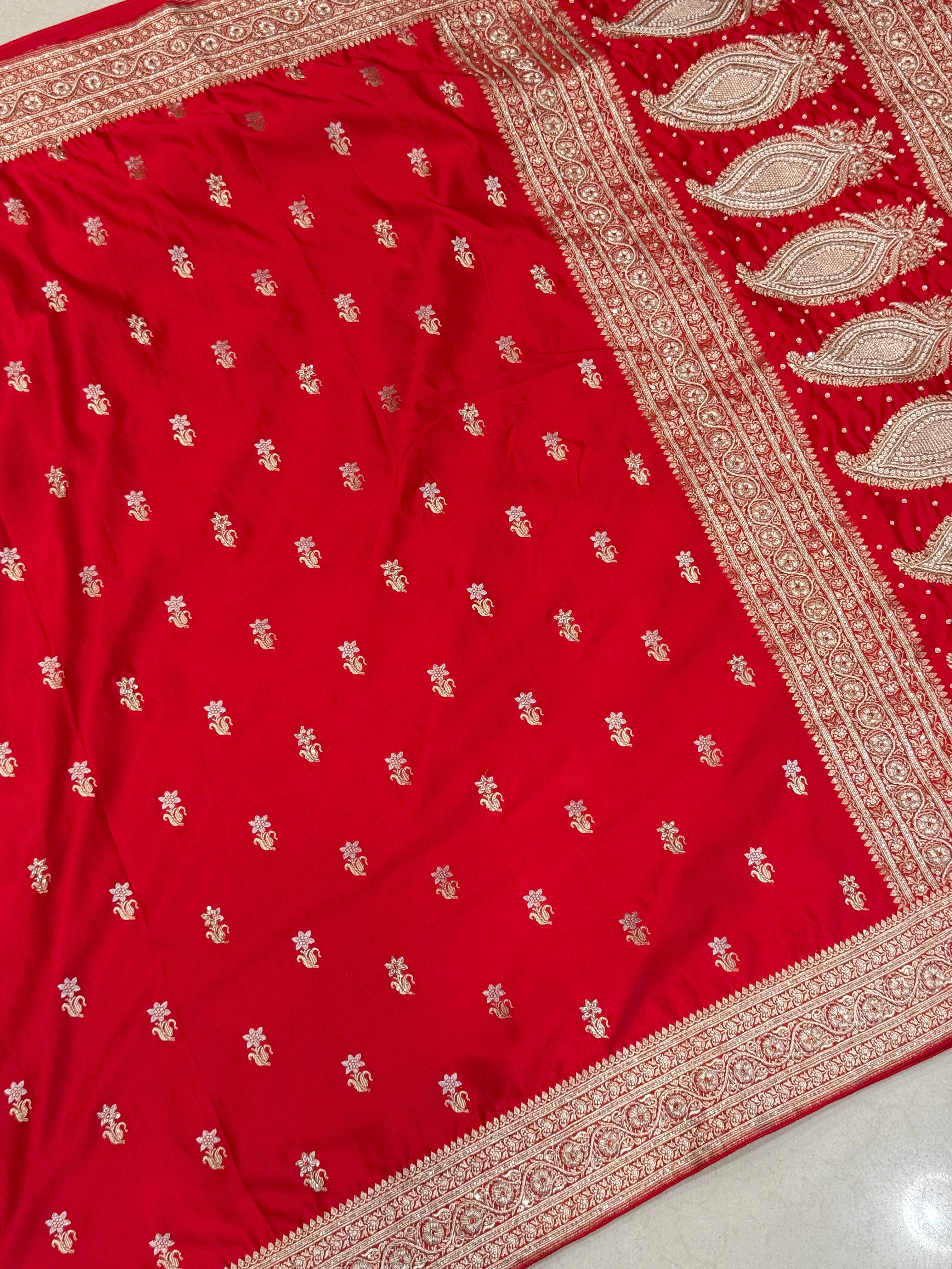 Red Banarasi Sunflower Butti Hand Done Zardozi Saree