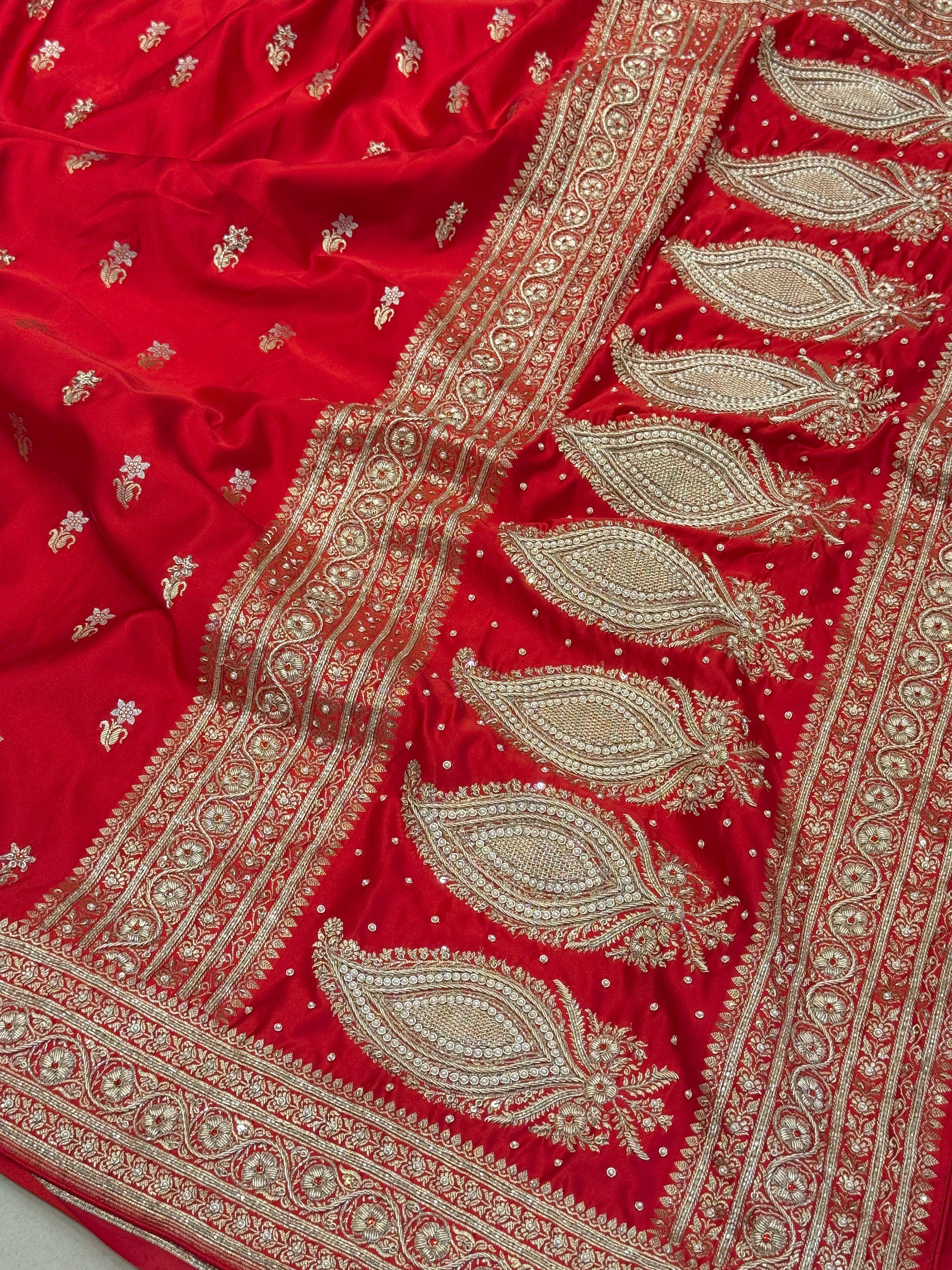 Red Banarasi Sunflower Butti Hand Done Zardozi Saree