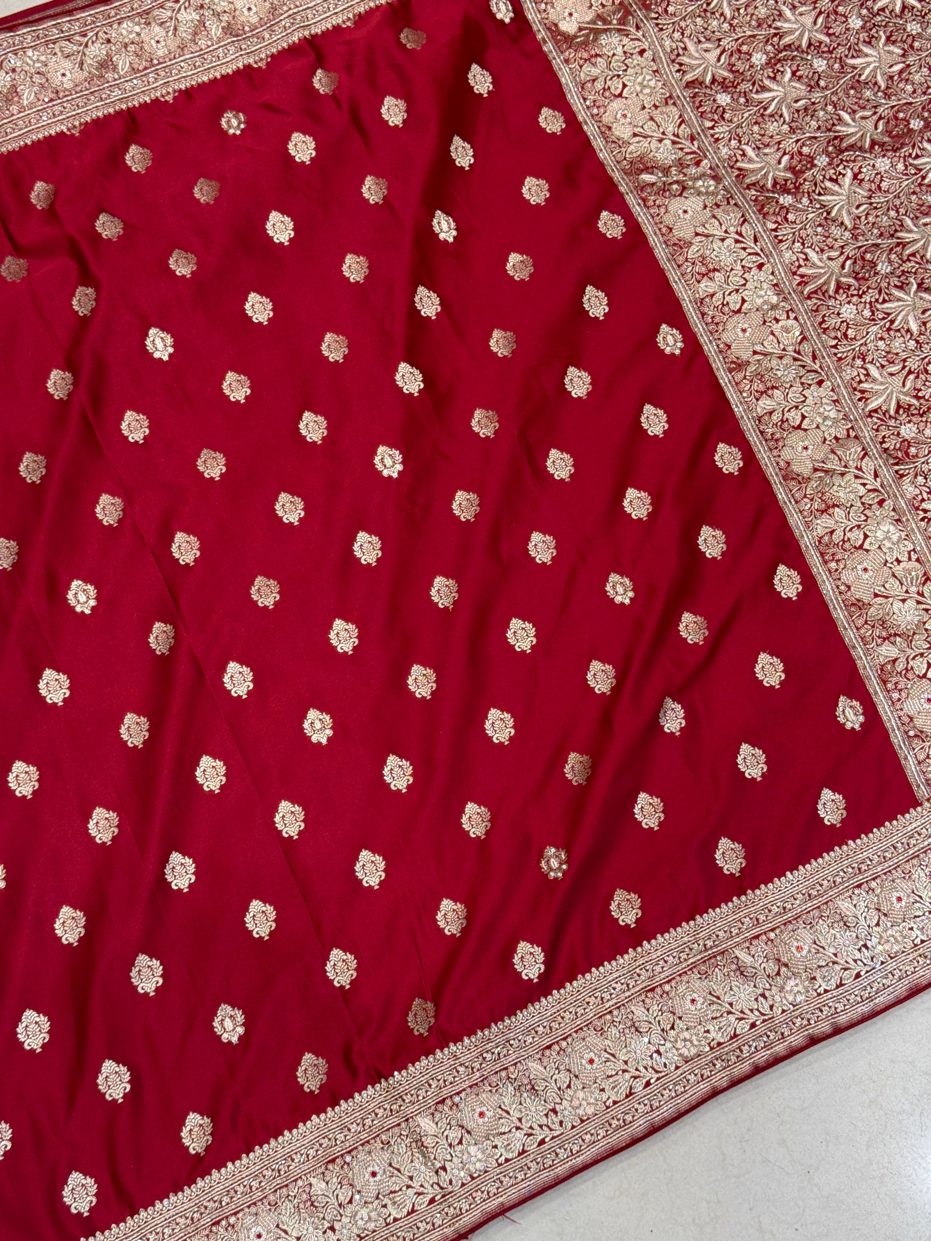 Maroon Banarasi Rose Border Zardozi Hand Embroidery Saree