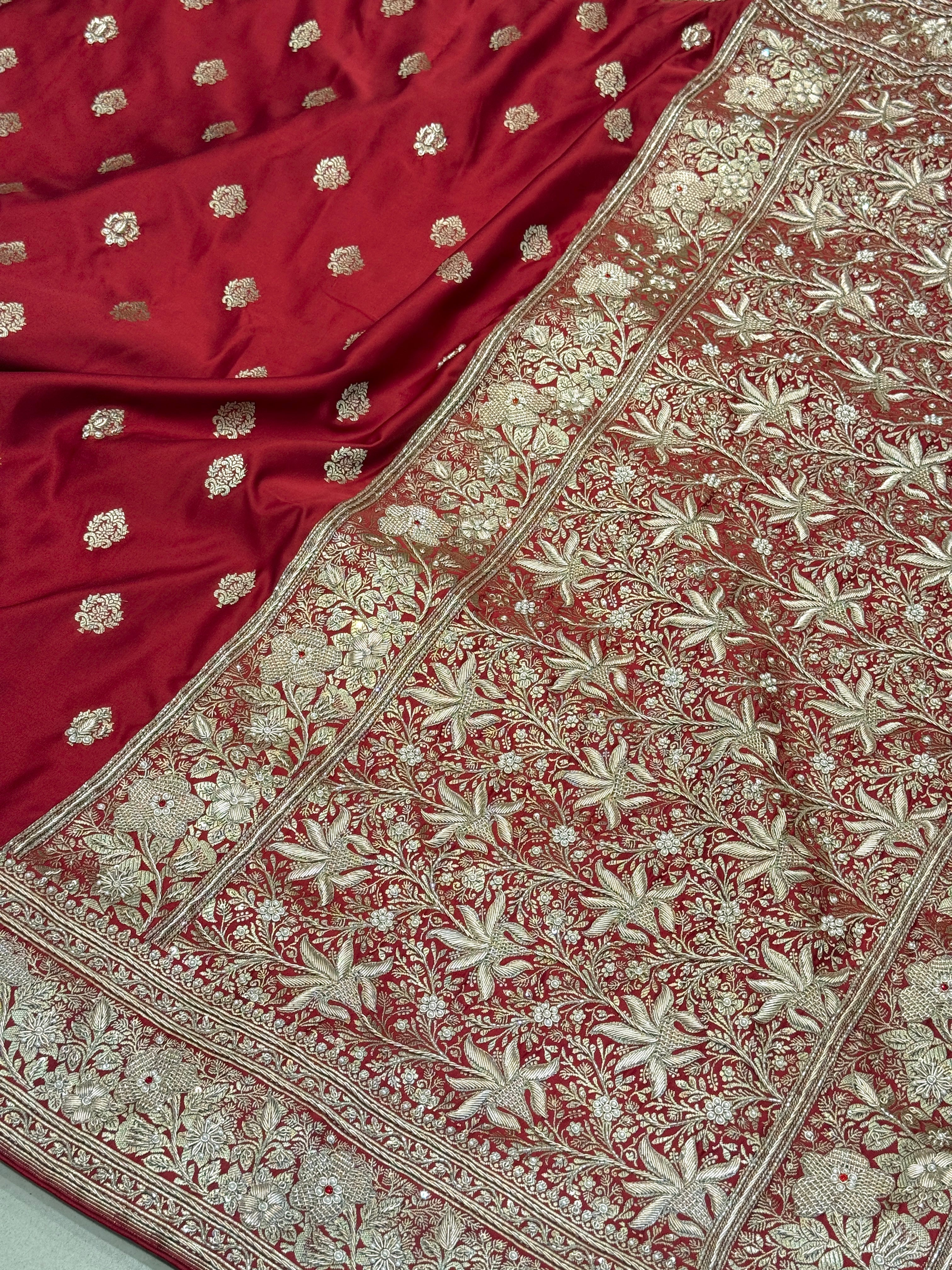 Maroon Banarasi Rose Border Zardozi Hand Embroidery Saree