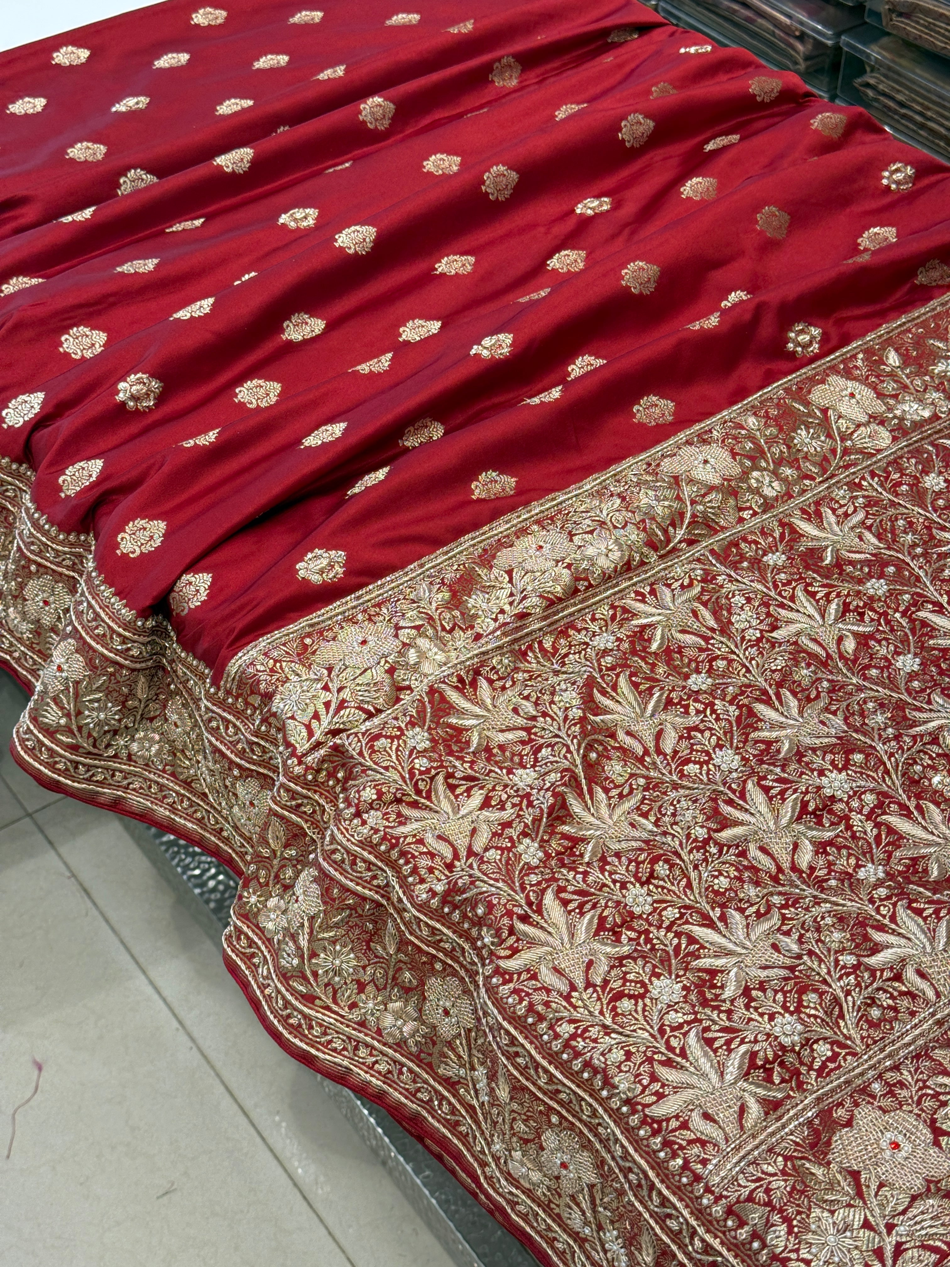 Maroon Banarasi Rose Border Zardozi Hand Embroidery Saree