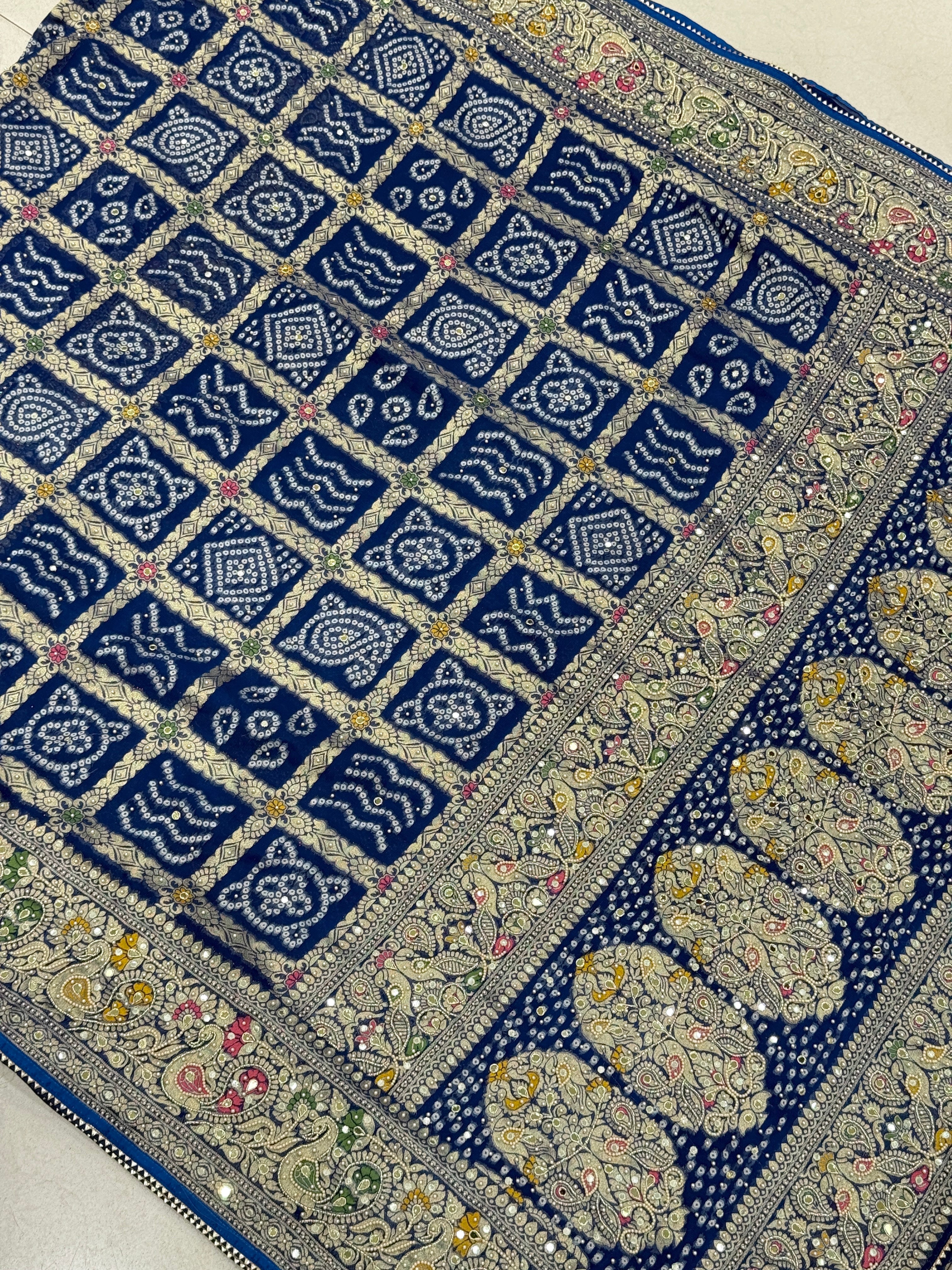 Blue Georgette Gharchola Moti Hand Embroidery Saree