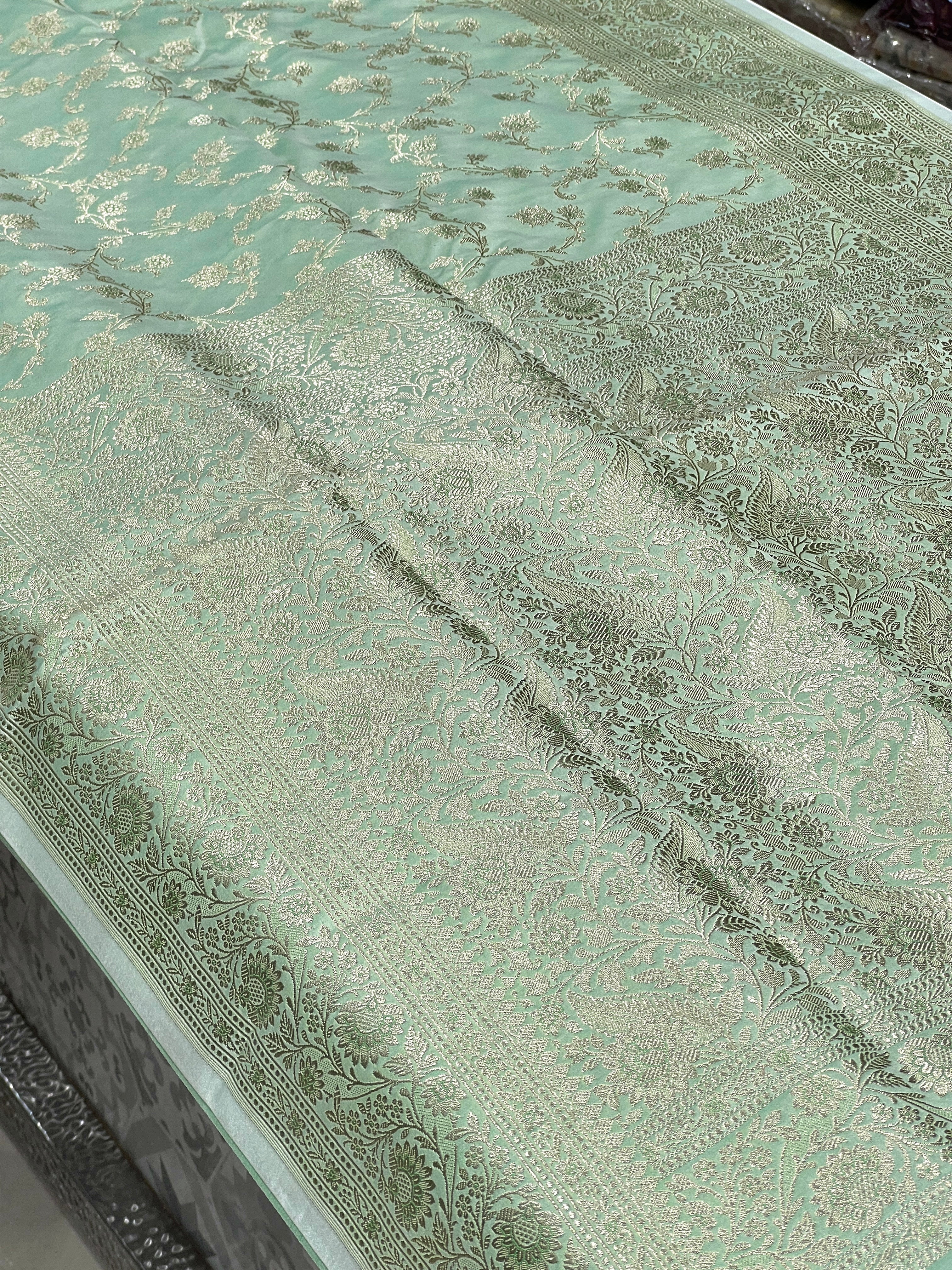 Pista Green Banarasi Silk Upside Down Border Saree