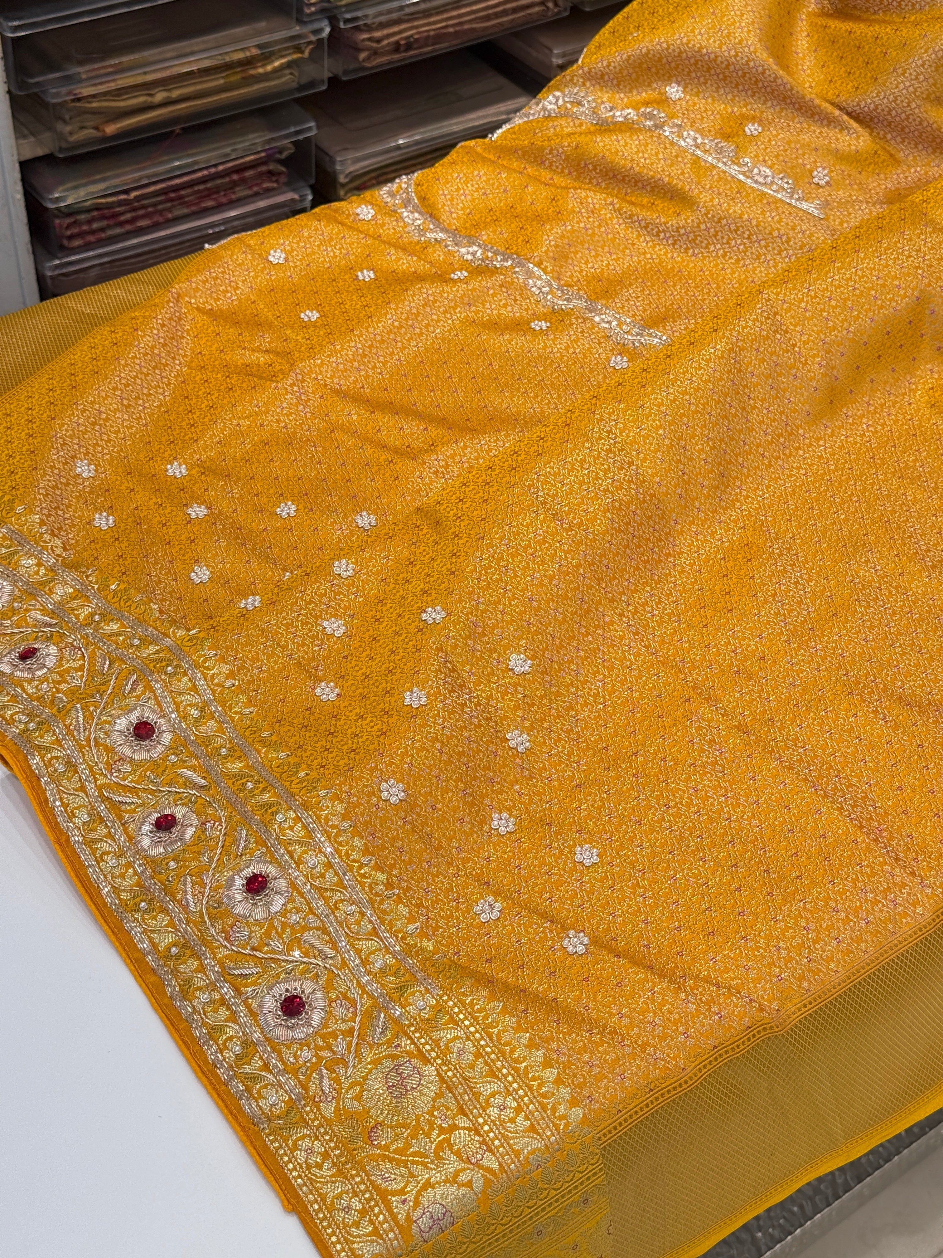 Mustard Yellow Banarasi Silk Zardozi Crystal Saree