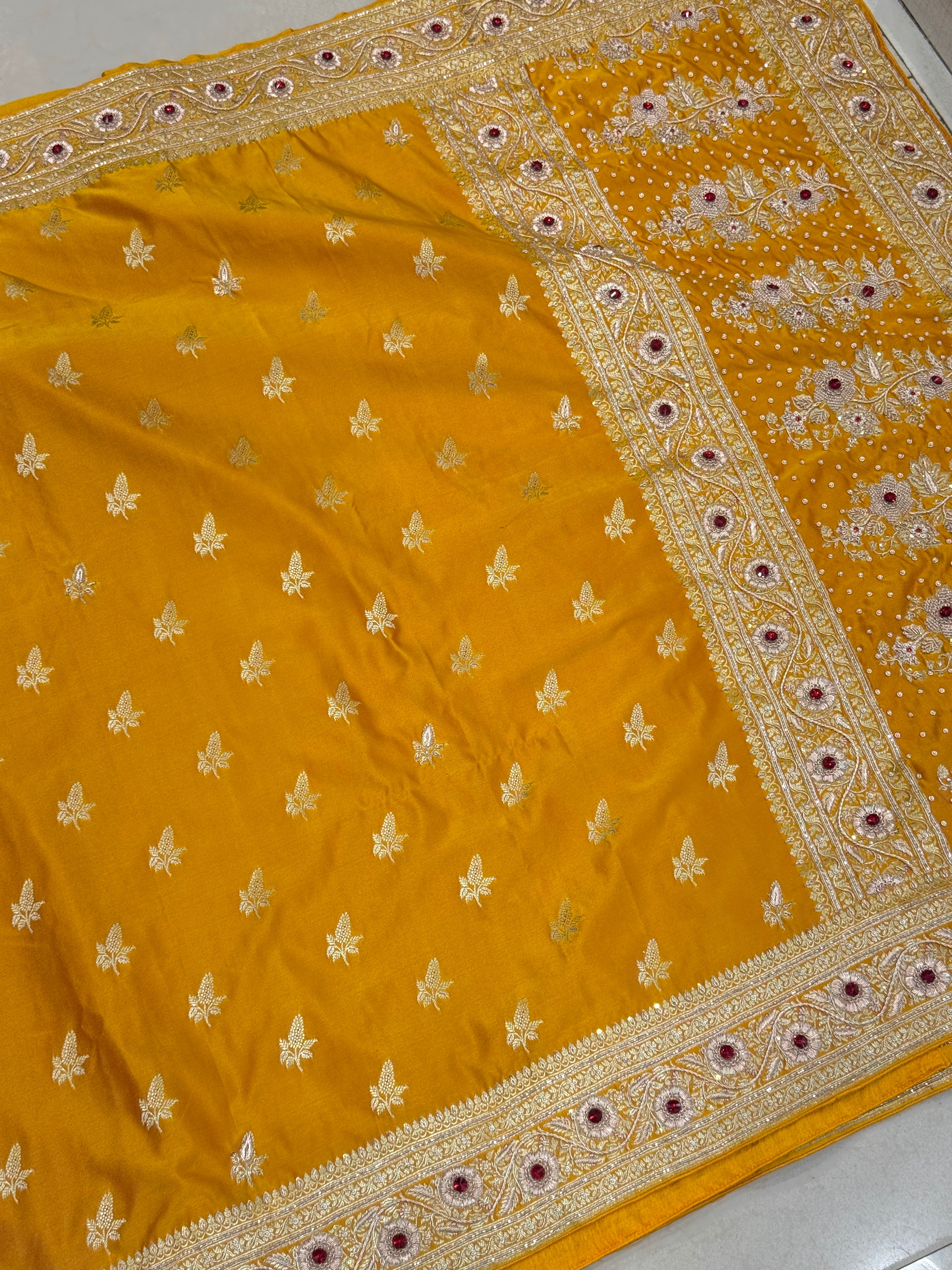 Mustard Yellow Banarasi Silk Zardozi Crystal Saree