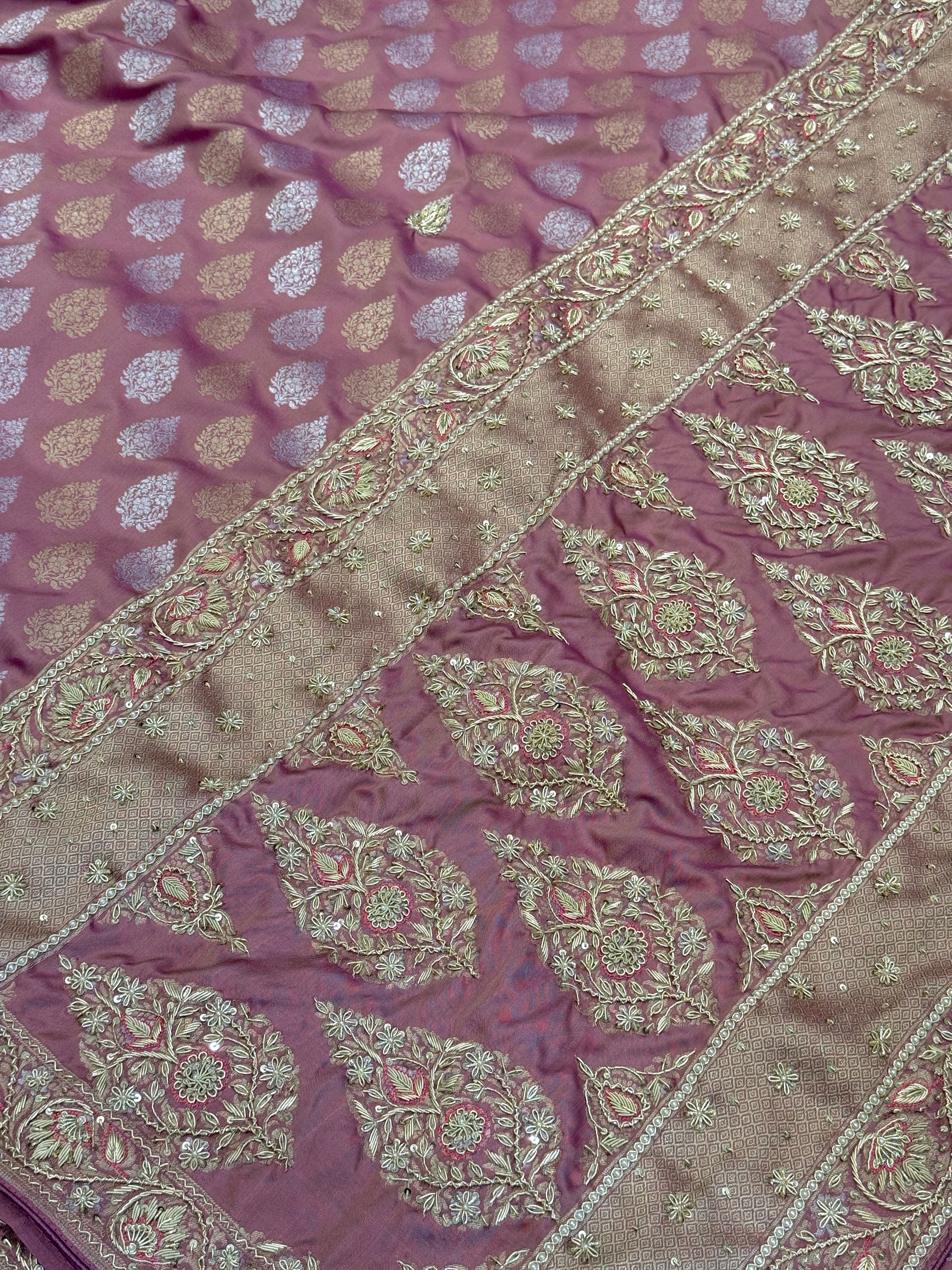 Opera Mauve Banarasi Silk Zardozi Hand Embroidery Saree